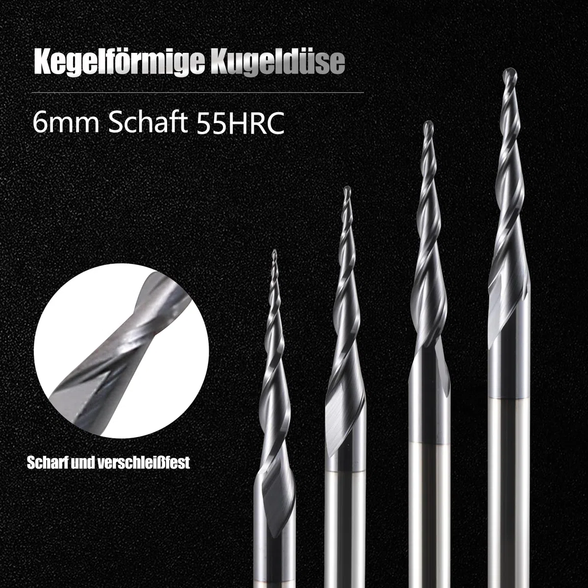 Kugelkopffräser Konische CNC Fräser Kugelfräser 2 Stück, R0.5 Spiralnutfräser Bit 6mm Schaft 2 Flöten Schaftfräser HRC55, 0,5mm Radius CNC Schnitzbits mit AlTiN Beschichtung für 2D /3D Gravu