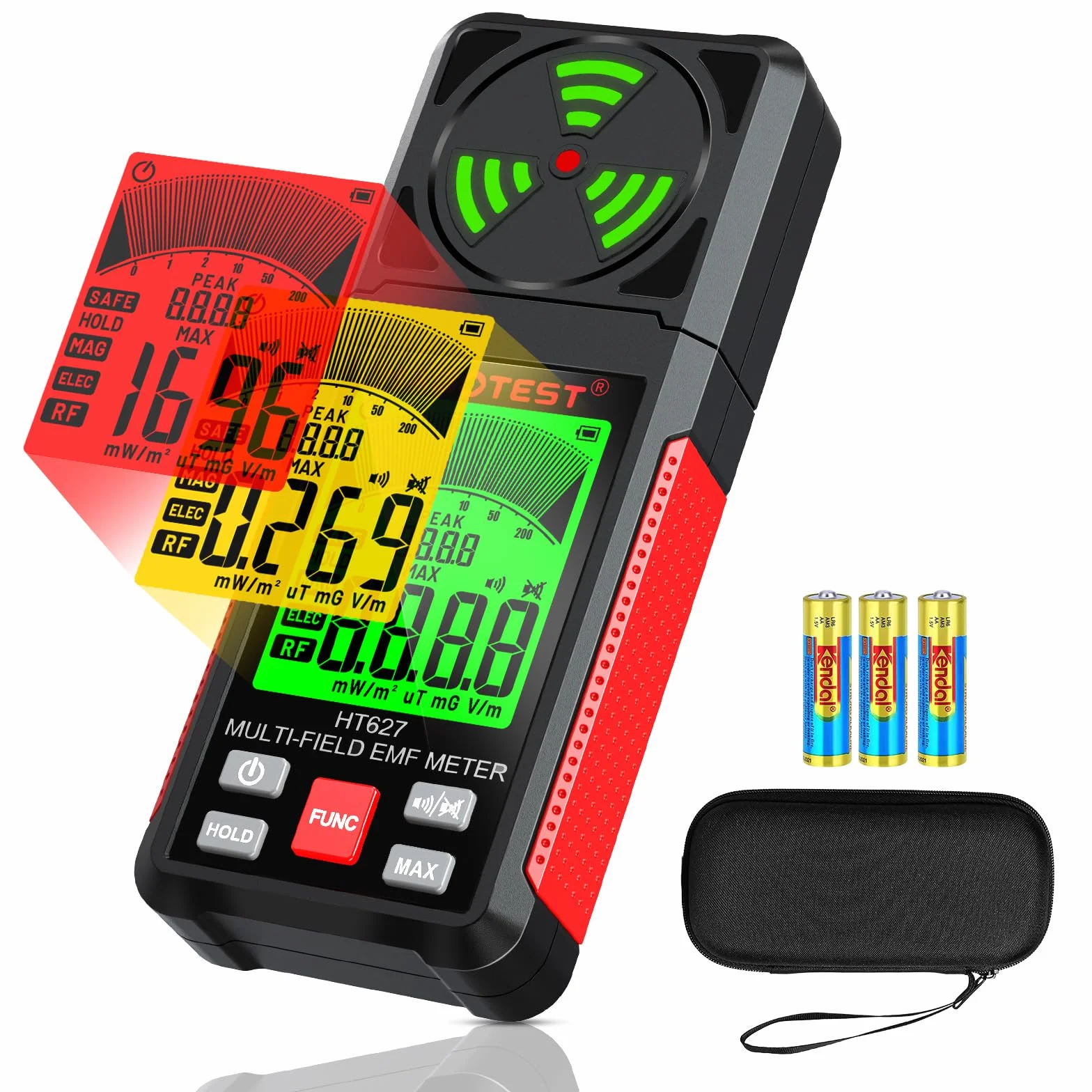 YOJOCK EMF Messgerät 3-in-1 Strahlungsmessgerät und Strahlungsdetektor mit Datenhalte- und Maximalwertspeicher, misst EMF, RF, MF, WiFi und Elektrosmog, für Zuhause und Outdoor, Rot