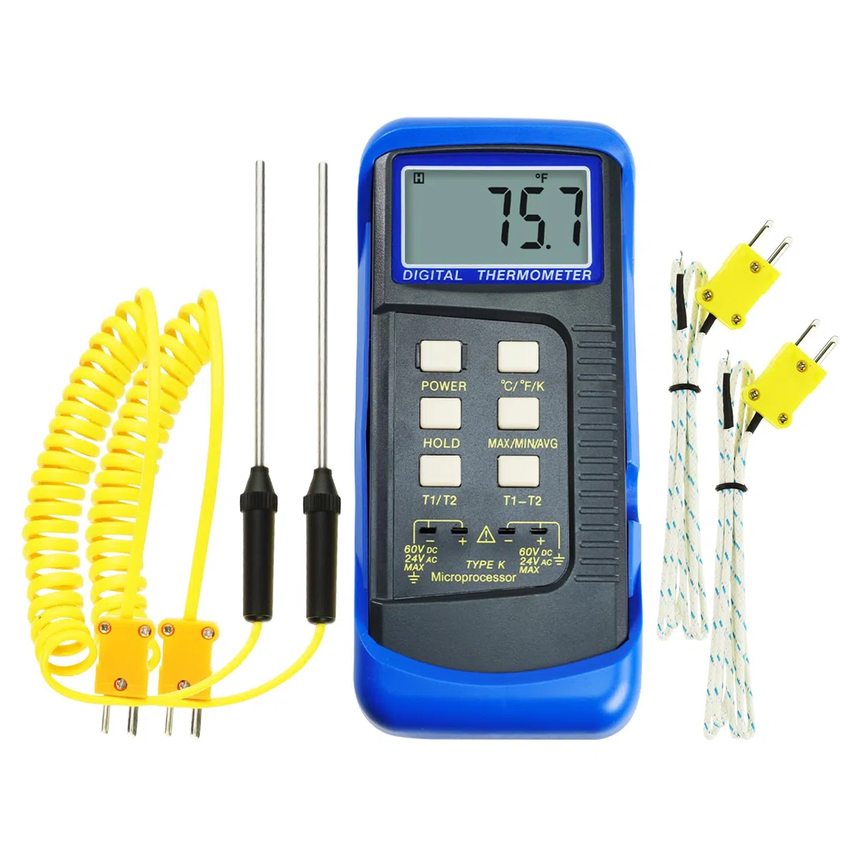 Digitalles Thermometer Dual-Kanal K-Typ Thermoelement Thermometer mit 4 Temperatursensoren - MAX/MIN/AVG & Differenzmessung für Öfen, Öfen, Schmelzöfen, geschmolzenes Metall