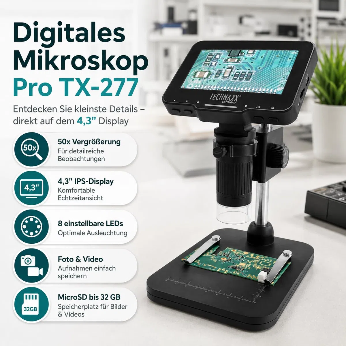 Technaxx Mikroskop Digital mit 50x Vergrößerung, 4,3 Zoll IPS Display, 8 LED Beleuchtung, Foto&Video Aufnahme, USB PC Verbindung, Tragbares Digitalmikroskop für Münzen, Elektronik & Pflanzen – TX-277