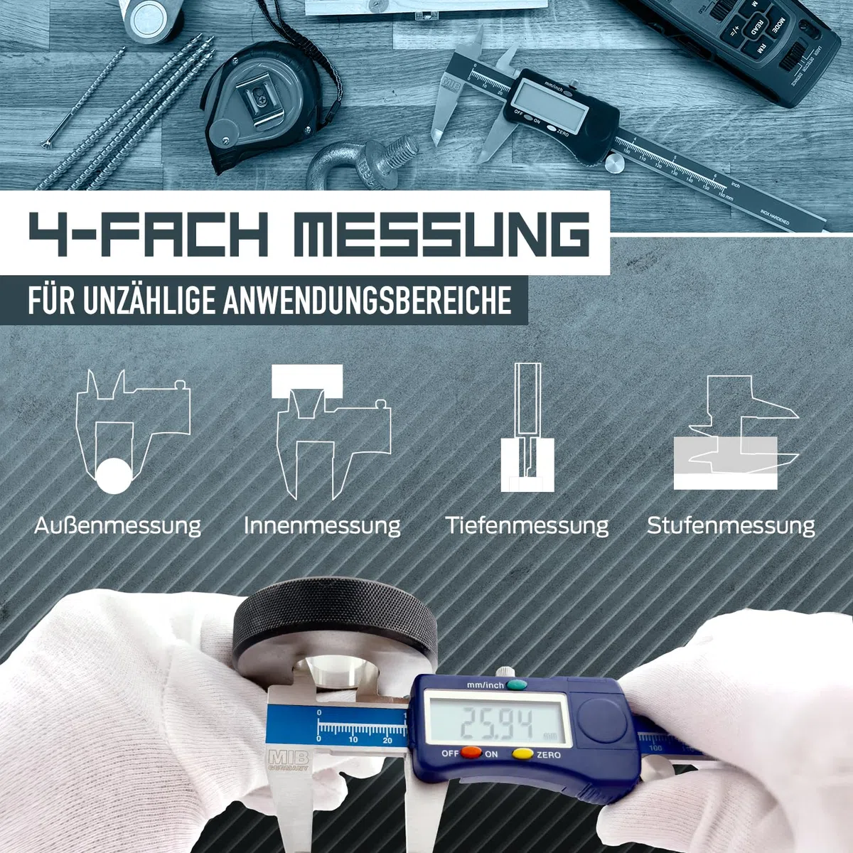 MIB Digitaler Messschieber mit Rolle DIN 862 150mm | Werkzeug für präzise Messungen | Messschieber digital aus Edelstahl | Schieblehre digital mit großem LCD-Display | 4-Fach Messung | Digital Caliper