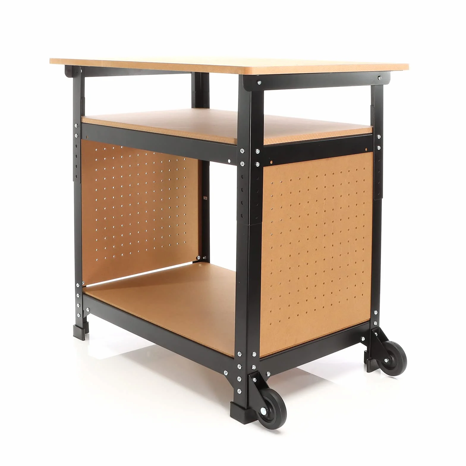 XPOtool Fahrbare Werkbank 69 x 51 x 66-82 cm, höhenverstellbarer Werktisch, Arbeitstisch mit 2 Rollen, 2 Ablagen und seitliche Lochwand