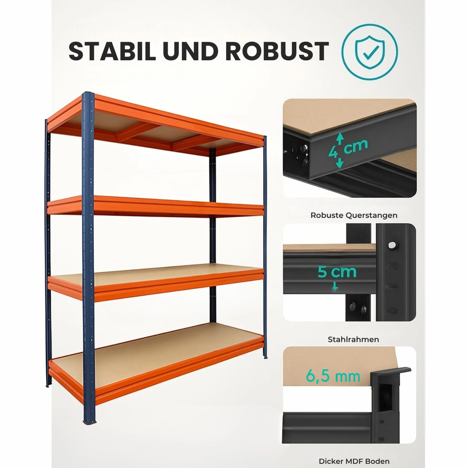 etm Weitspannregal 200 x 180 x 60 cm - mit Traglast bis zu 1500 kg, verwendbar als Schwerlastregal,Lagerregal,Kellerregal,Steckregal, Blau-Orange