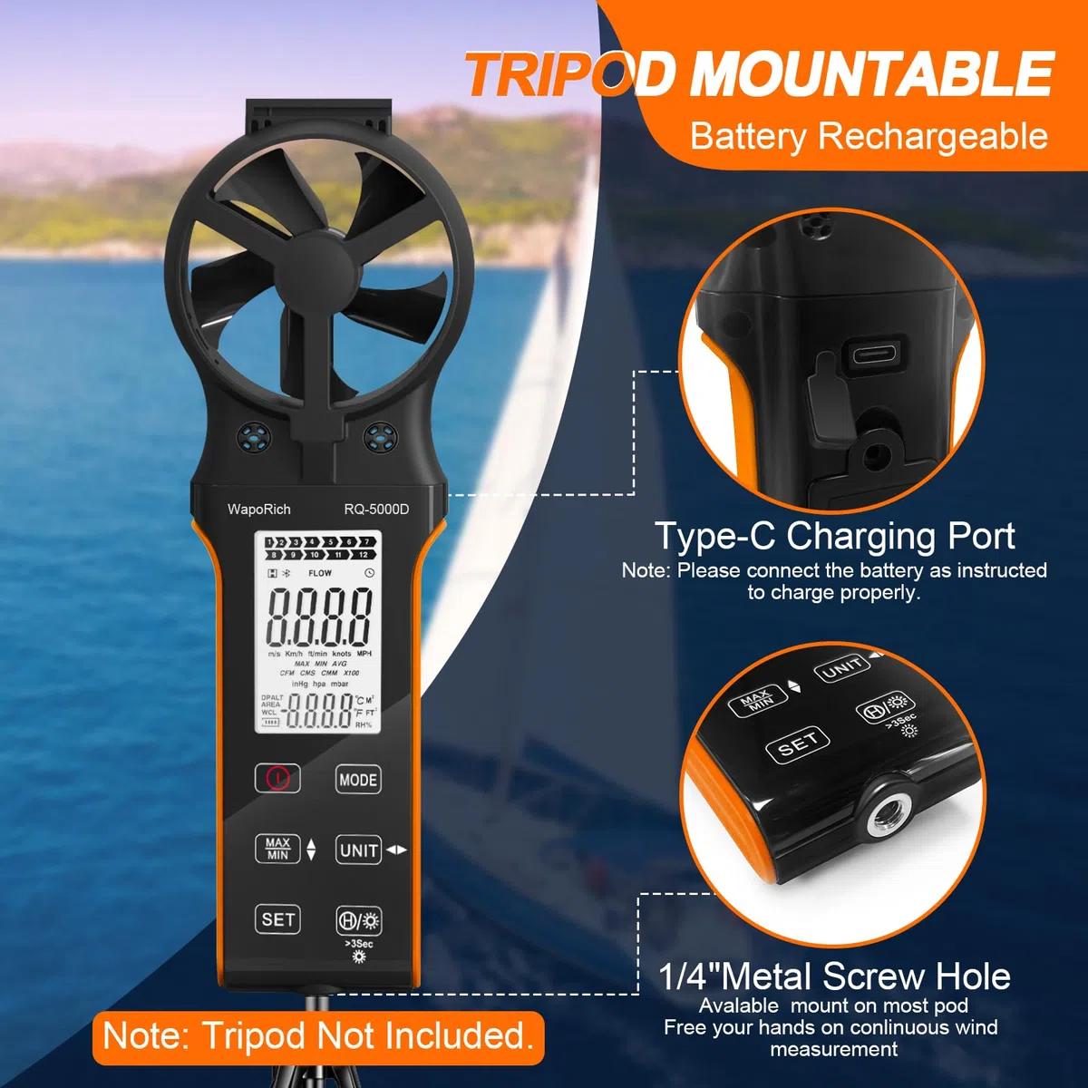 Windmesser CFM Messgerät, WapoRich Anemometer Handheld Wind Speed Meter Digital Windmessgerät Wiederaufladbares Misst Luftvolumen/Windgeschwindigkeit/Temp mit MAX/MIN für HVAC Drohne RQ-5000D