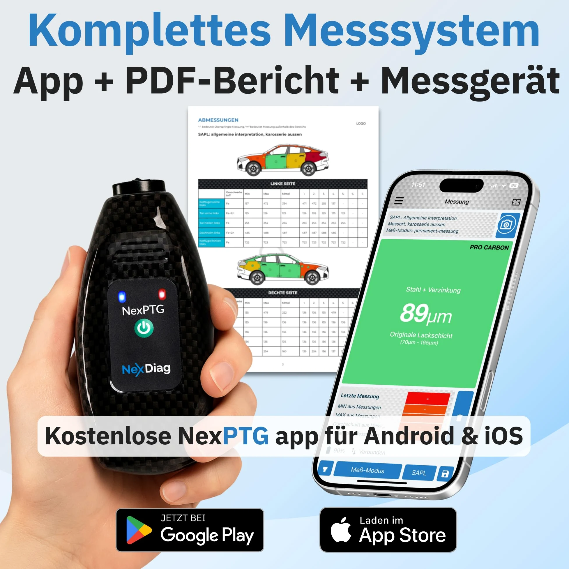 NexPTG Pro Carbon Lackmessgerät Auto mit App für iOS & Android| Professionelles lackdickenmessgerät & Lackprüfgerät | Lackmessgerät | Lackschichtmessung App