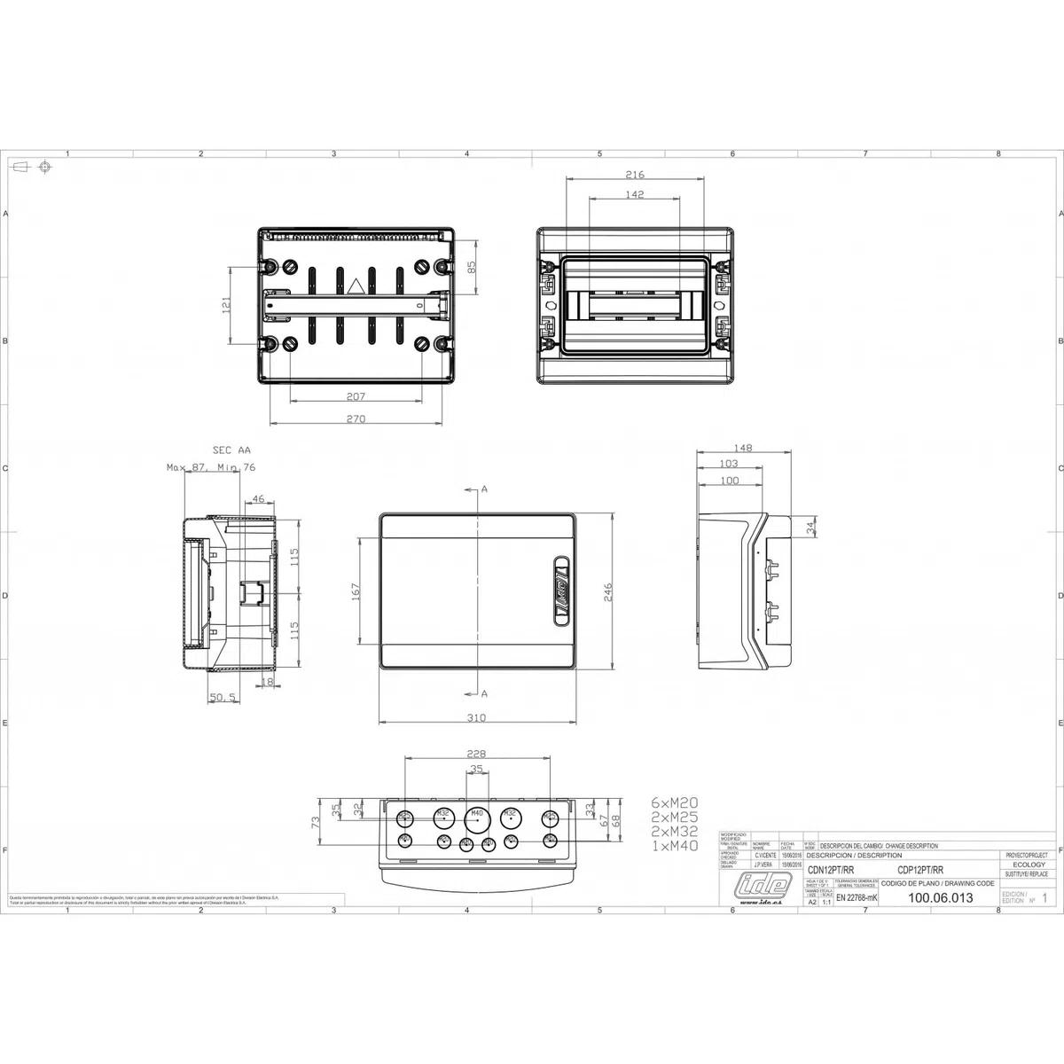 IDE CDN12PT IP65 Verteilerkasten, wasserdicht, ABS, versiegelbar, Grau, 246 mm x 310 mm x 148 mm