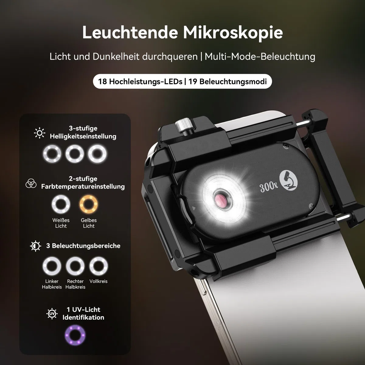 Evil Eye 300X Handy Mikroskop, Telefonmikroskop mit CPL, 18 LED-Licht, 19 Beleuchtungsmodi, Mikroskop Handy UV-Licht & Universalclip Für Android/iPhone, Ideal Für Gärtner, Uhren & Schmuckliebhaber