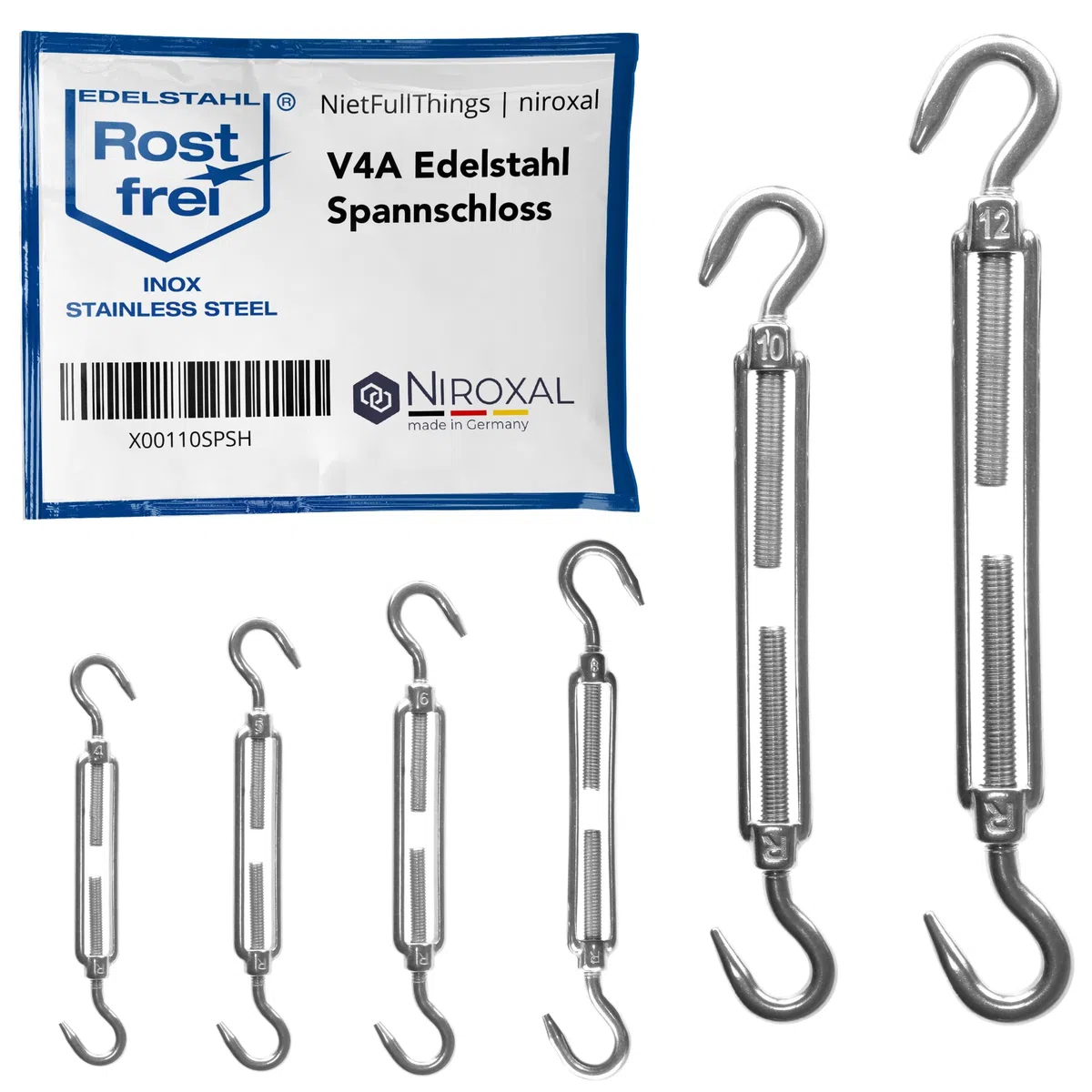 Edelstahl Spannschloss Haken-Haken – 12 mm – 10 Stück – V4A (A4) – Seilspanner/Drahtspanner rostfrei