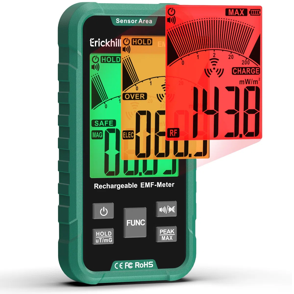 ERICKHILL EMF Messgerät, 3-in-1 Tragbares Elektrosmog Messgerät & Geisterjagd Equipment für RF, EF, MF & WLAN, Strahlungsmesser mit 3-Farben Alarm, Wiederaufladbarer Akku für Zuhause, Büro & Outdoor