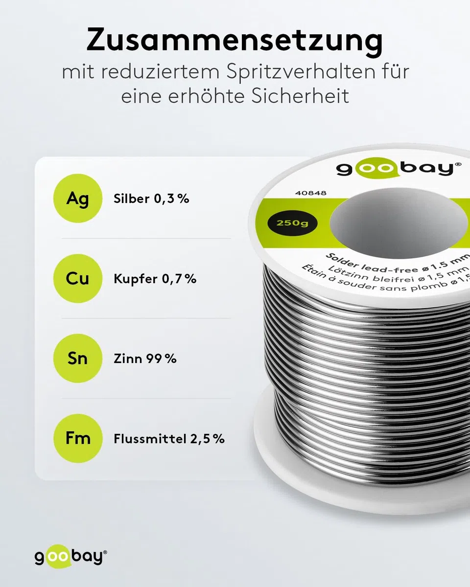 goobay Lötzinn Bleifrei 1.5mm für Kabel & größere Lötstellen, 250g Lötdraht mit Flussmittel, Elektronik Zinn zum Weichlöten - 40848