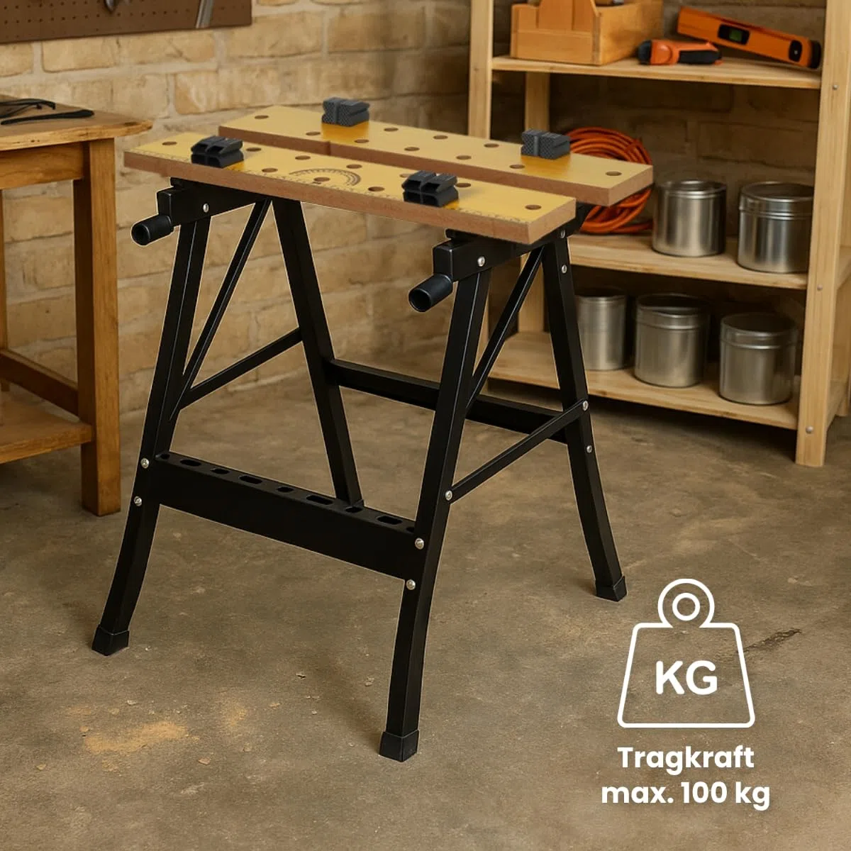 WALTER Werk- und Spanntisch, 100 kg Tragkraft, große Arbeitsfläche, klappbar und vielseitig verstellbar, universell einsetzbar, zum Schleifen, Sägen oder Einspannen von Werkstücken, Arbeitshöhe 77 cm