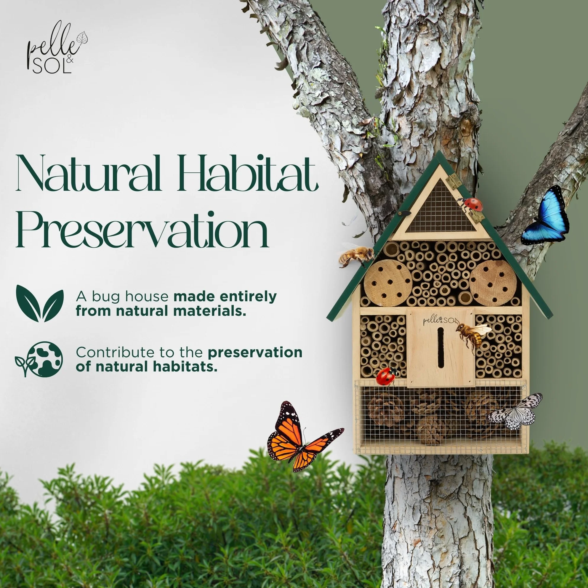 Pelle & Sol Umweltfreundliches Bienenhaus, Insektenhotel für Bienen, Schmetterling, Insekten, kinderfreundlich, wetterbeständig, hängendes Bienenhotel, Bambus-Nisthaus, Gartendekoration und