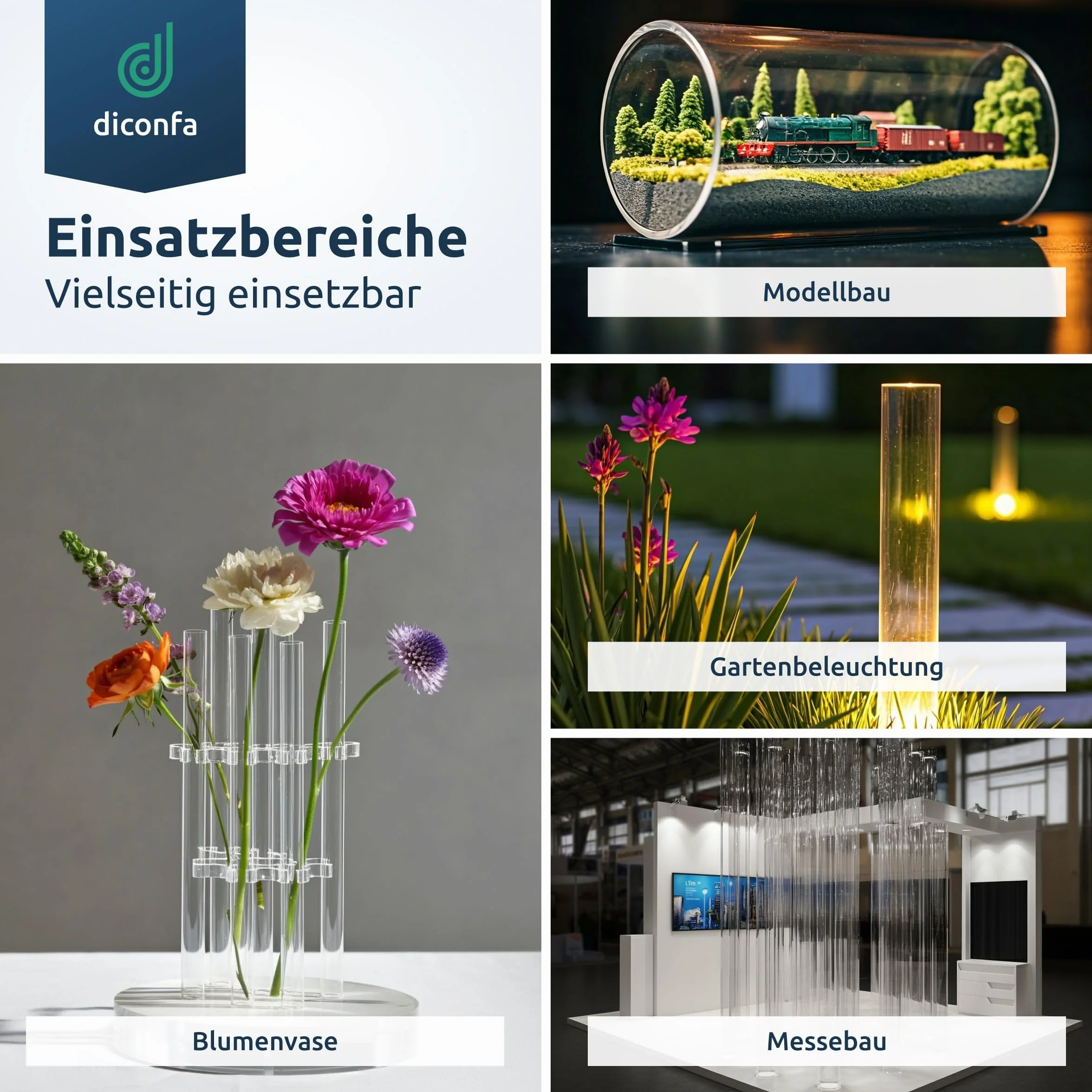 diconfa Acrylglas Kunststoff-Rohr glasklar Ø 5 bis 500mm LÄNGE: 0,1 bis 2m EINGEBEN - AUSWAHL: Durchmesser 64/58mm x 701 bis 800mm Farblos transparent Dekoration Messebau Beleuchtung Möbel