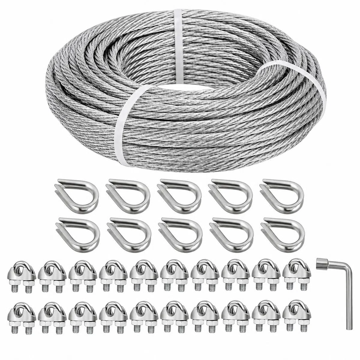 Stahlseil 5mm Set, 30m verzinktes Drahtseil mit Seilklemme und Kausche, 7x7 Litzenkern Stahlkabel für Zaun, Schuppen, Sonnensegel, Rankhilfen für Kletterpflanzen