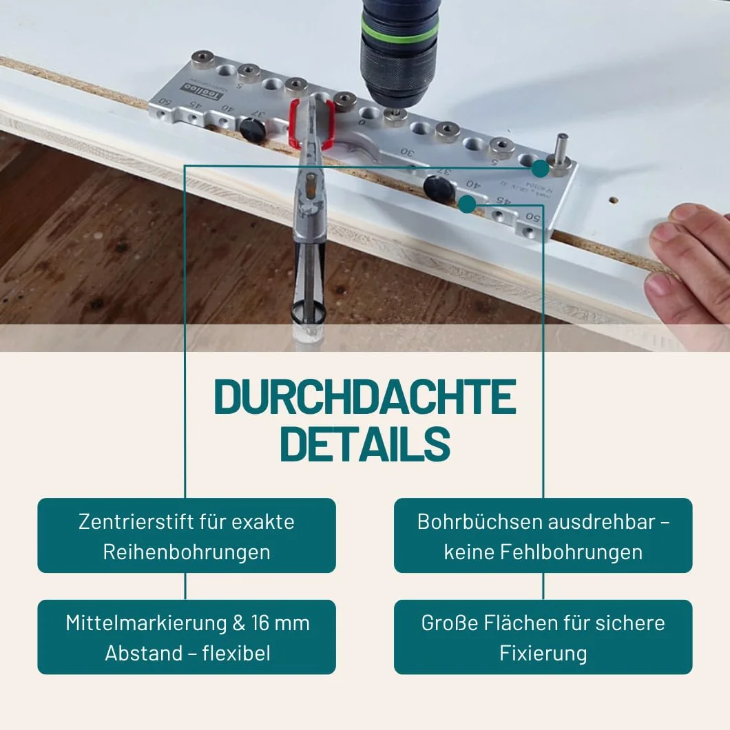 Bohrlehre 32mm Abstandsmaß | Präzisions-Bohrschablone für Lochreihen & Bohrgruppen | 5mm Bohrdurchmesser (0-224mm) | CNC-gefertigt aus Aluminium | Made in Germany