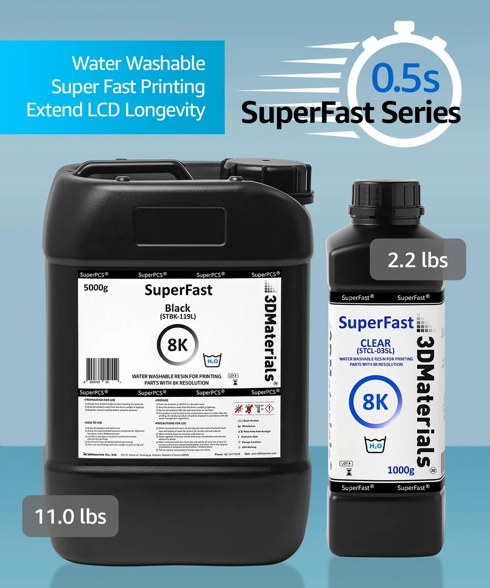 SuperFast 8K 22um Auflösung Wasserabwaschbares Harz, 0,5 Sek. Druck (50 um), hergestellt in Korea von 3DMaterials (1000g, Schwarz)