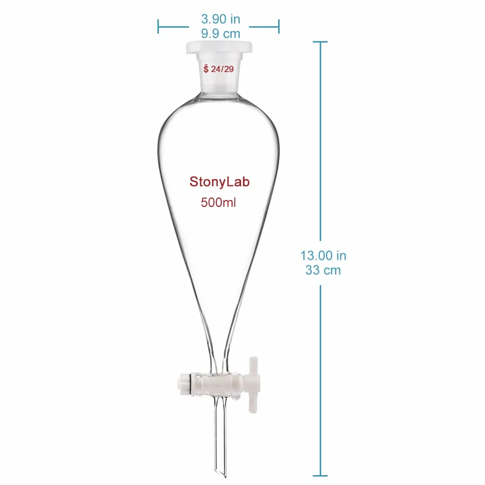 stonylab Scheidetrichter Glas, Borosilikatglas 500 ml Scheidetrichter Heavy Wall Conical Separatory Funnel Trichter mit Glas Absperrhahn 24/29 Gelenk und PTFE-Absperrhahn, 500 ml