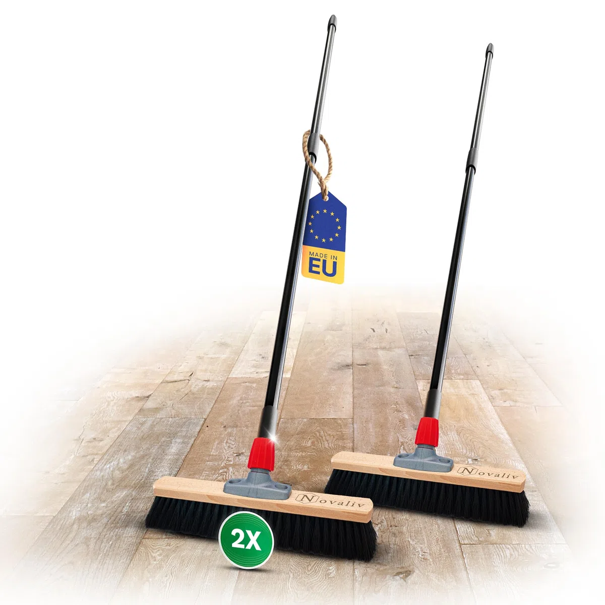 Novaliv 2X Rosshaarbesen mit Stiel 40 cm I Teleskopstiel ausziehbar I Rosshaar schwarz I Saalbesen breit Kehrbesen Haushaltsbesen Werkstattbesen Besen Balkon