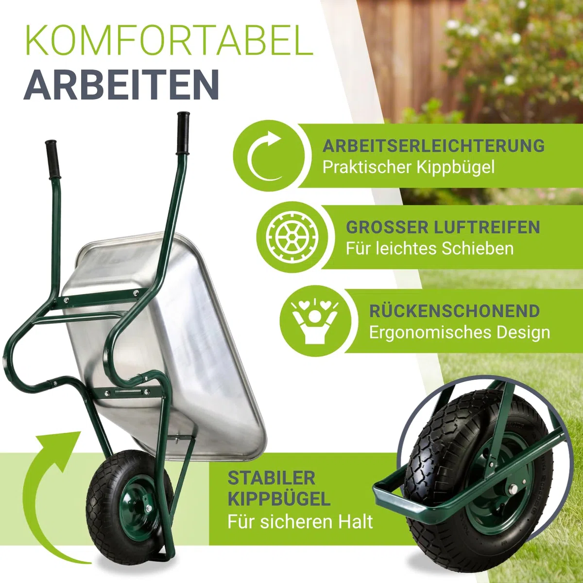Juskys Schubkarre 100L, 250 kg – mit verzinkter Wanne, Luftreifen & Metall Felge, stabile Garten Schubkarre & Schiebkarre – Transportkarre Garden Silber