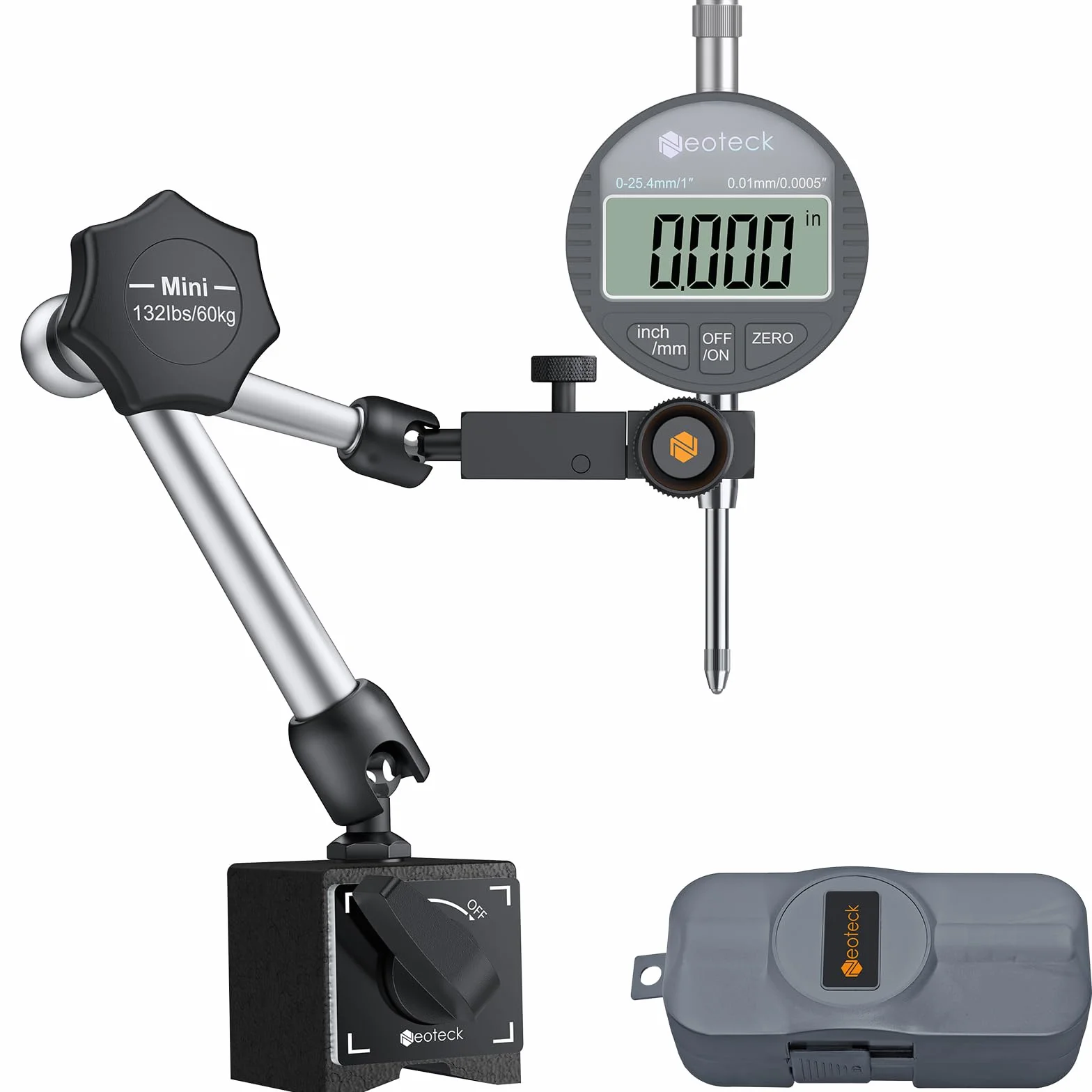Neoteck Digital Messuhr und Magnetfuß mit Zentralklemmung 0-25,4mm Messtaster metrische Umrechnung Zentralklemmung Messuhrhalte 60 kg max. Zugkraft, für Labor Werkstatt 3D Drucker