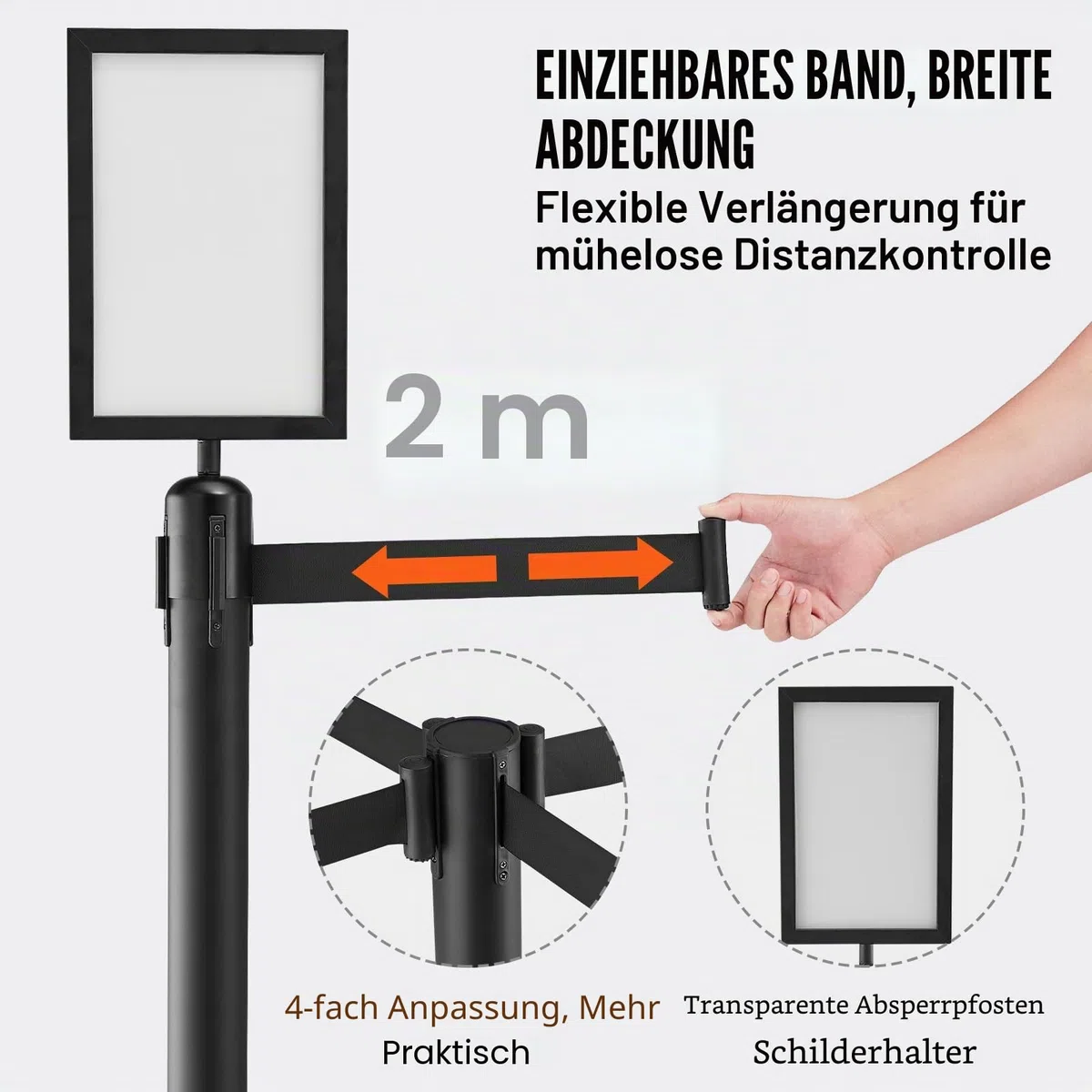 VEVOR Personenleitsystem Absperrband Absperrständer 6-teilig, 2 m x 48 mm Schwarzer Einziehbarer Gürtel, Personenleitsystem Absperrpfosten mit Schildern für Flughäfen, Messen, Wettkampforte usw.