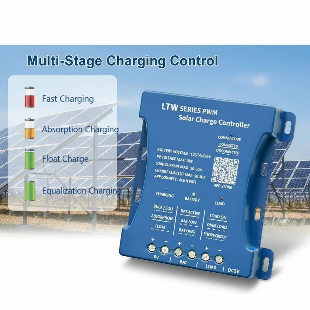 20A Regolatore solare con WiFi e Bluetooth, PWM 12V/24V/36V Auto, ingresso PV 80V, impostazioni APP per batterie PbAcido/LiFePO4/Litio, ideale per camper/casa/strutture offshore