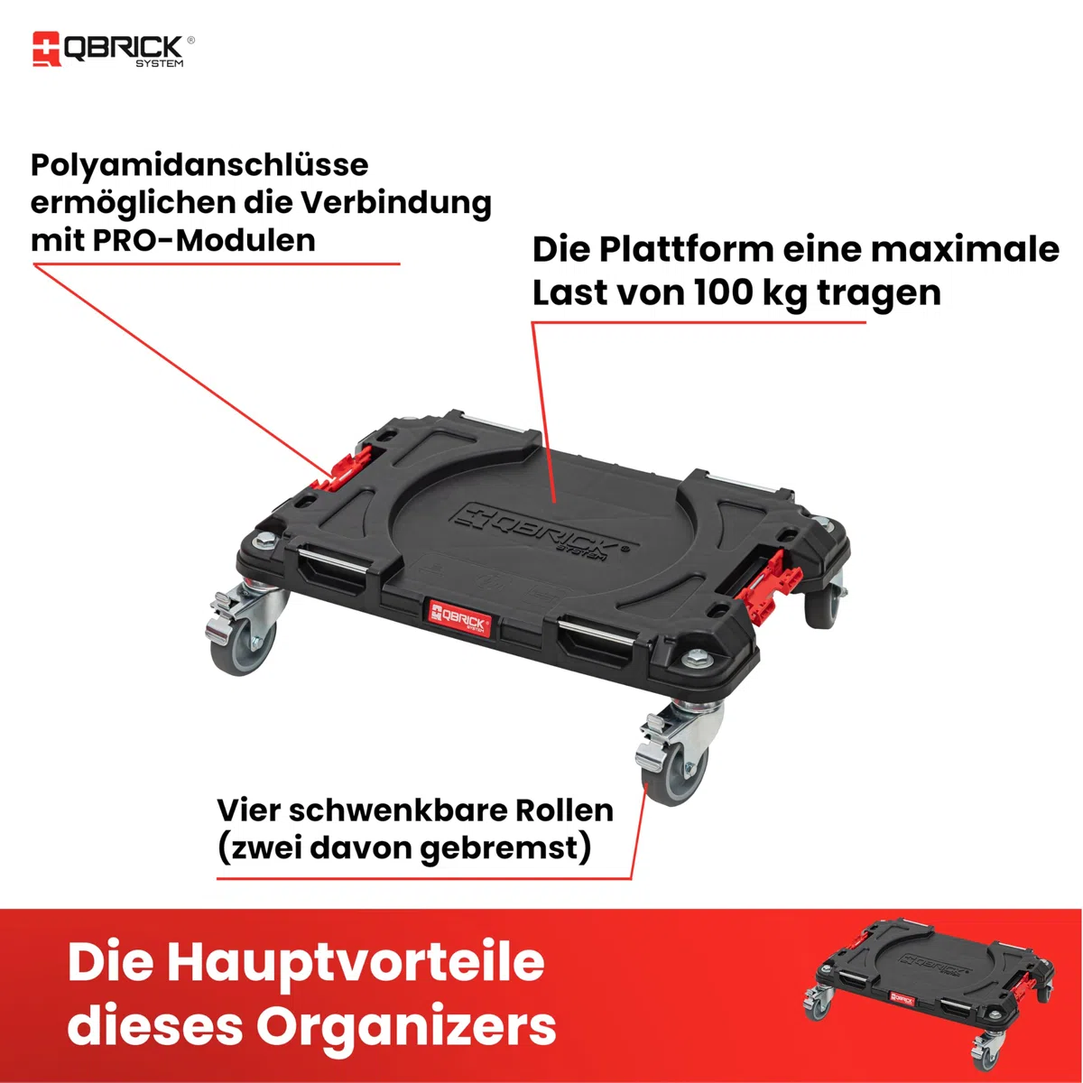 Qbrick System Transportroller Rollbrett Transportbrett 100 kg Tragkraft PRO Transport Platform Schwarz Rot 506 x 325 x 140 mm