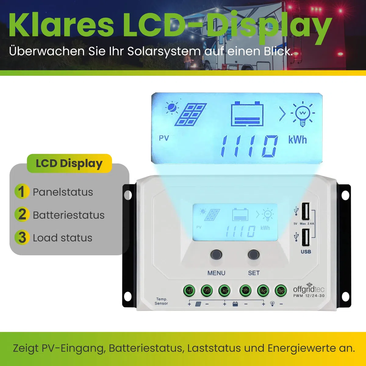 Offgridtec® PWM Pro Laderegler 12V/24V 30A USB