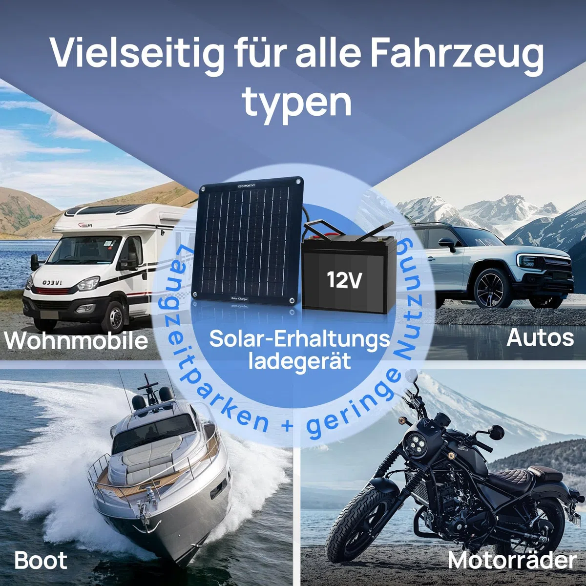 ECO-WORTHY 10W Aktualisiert Solar Autobatterie Ladegerät 12V, Monokristalline Solarmodul Erhaltungsladung, Solar Trickle Charger mit Halterung und Kabeln für Wohnwagen Auto Boot Motorrad