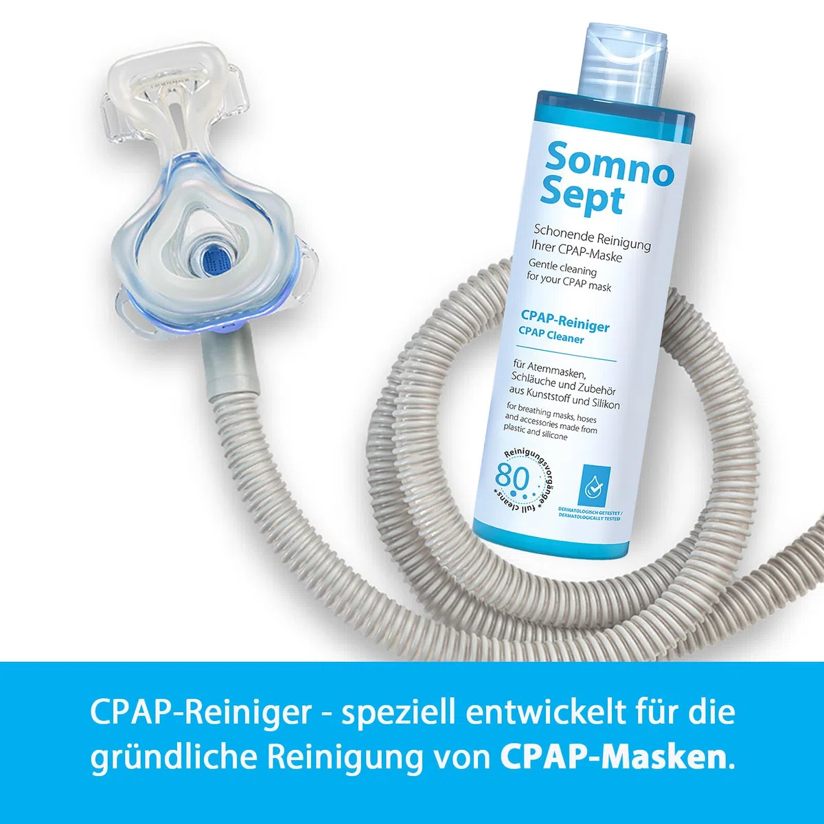 CPAP-Reinigungspaket SomnoSept – 3x CPAP-Reiniger SomnoSept 400 ml UND 1x oxyhero brush Edelstahl CPAP-Schlauchbürste 120 cm, 15 mm Durchmesser – Gründliche Reinigung von CPAP-Maske und CPAP-Schlauch