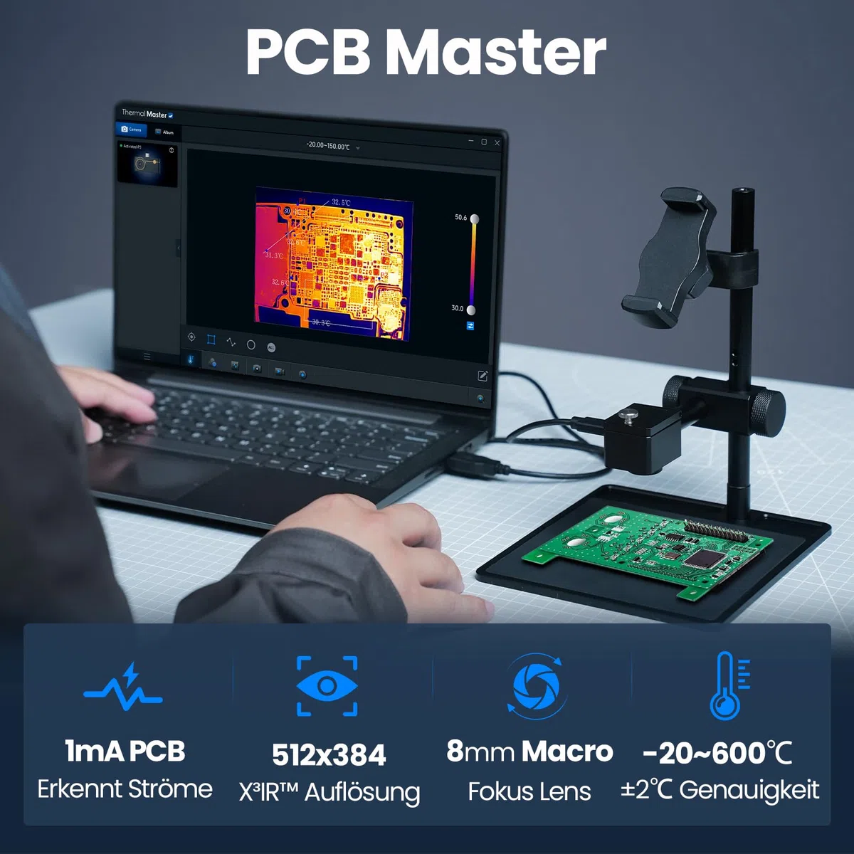 Wärmebildkamera P3 für iPhone und Android Infrarot Kamera Einstellbares Objektiv Super IR Auflösung 512x384, -20℃-600℃ Wärmebildkamera für PCB Inspektion, Schwarz