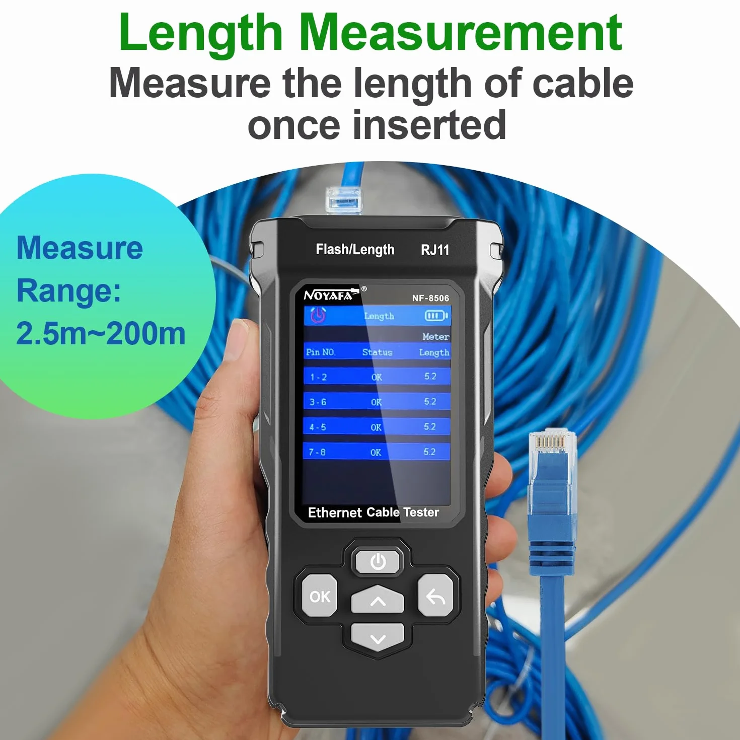 NOYAFA Netzwerktester mit IP-Scanning, PING- und Switch-Rate-Test, TDR Netzwerkkabel Tester, RJ11 RJ45 Tester, Ethernet-Kabeltester für Cat5/Cat6 POE-Tests, Wire Tracer Mapping, NF-8506