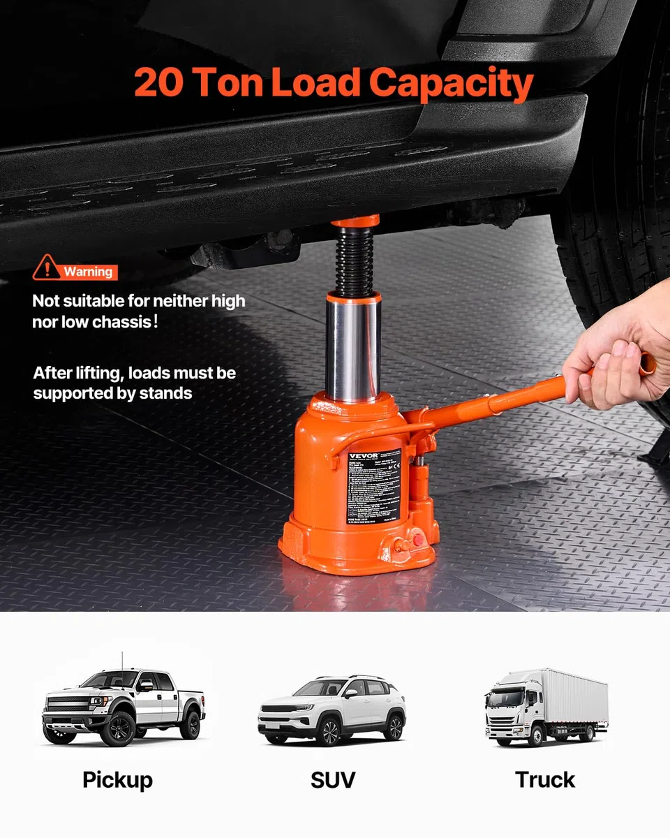 VEVOR Hydraulischer Wagenheber 20 t Stempelwagenheber Flaschenwagenheber mit 17-32 cm Hubbereich und 3-teiligem langem Griff, für Auto Pickup LKW Wohnmobil Autoreparatur Industrietechnik