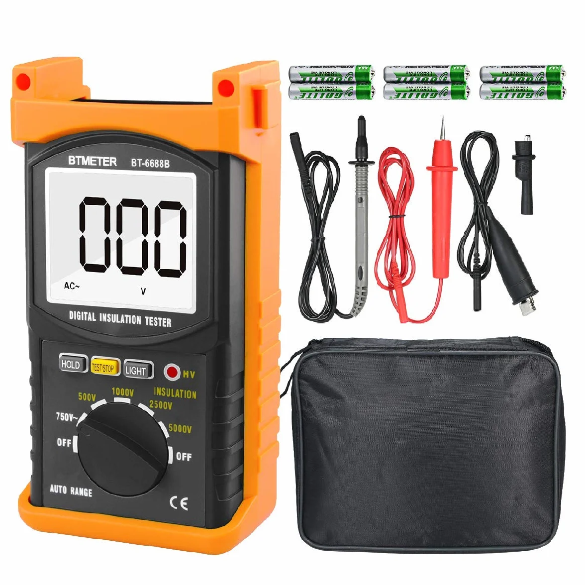 Megohmmeter Isolationsmessgerät Isolationswiderstand 6688B Auto Range Ohmmeter 1999 Counts LCD Display 500/1000/2500/5000V Spannung,1MΩ~200GΩ Widerstandsprüfung für Kabel Motoren