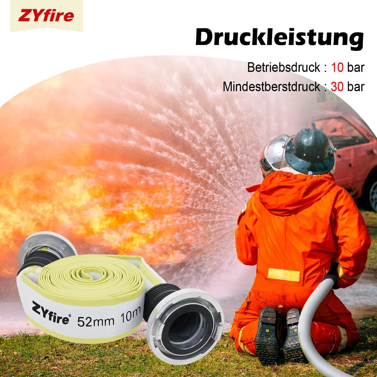 ZYfire Feuerwehrschlauch 52mm x 10m | 2 Zoll Feuerschlauch mit C-Storz Kupplung | flexibler Wasserschlauch für Feuerwehr Industrie und Garten | Flachschlauch mit 10 Bar Betriebsdruck | TPR-Innenfutter