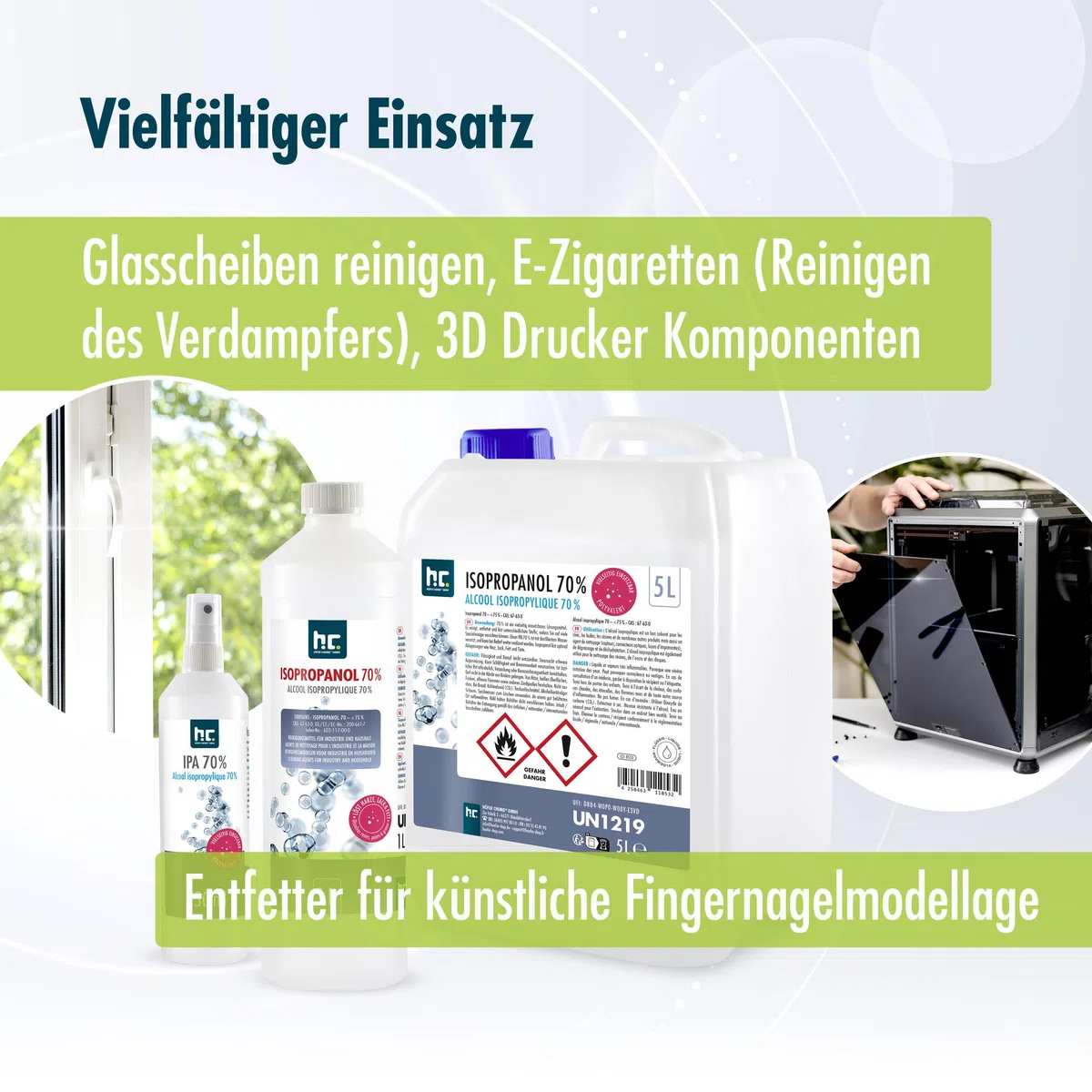 Höfer Chemie 2 x 5L Isopropanol 70% – Isopropylalkohol zum Reinigen und Entfetten von Glas, Displays, Brillen, Schallplatten und Whiteboards – IPA 70 Industriealkohol im praktischen Kanister