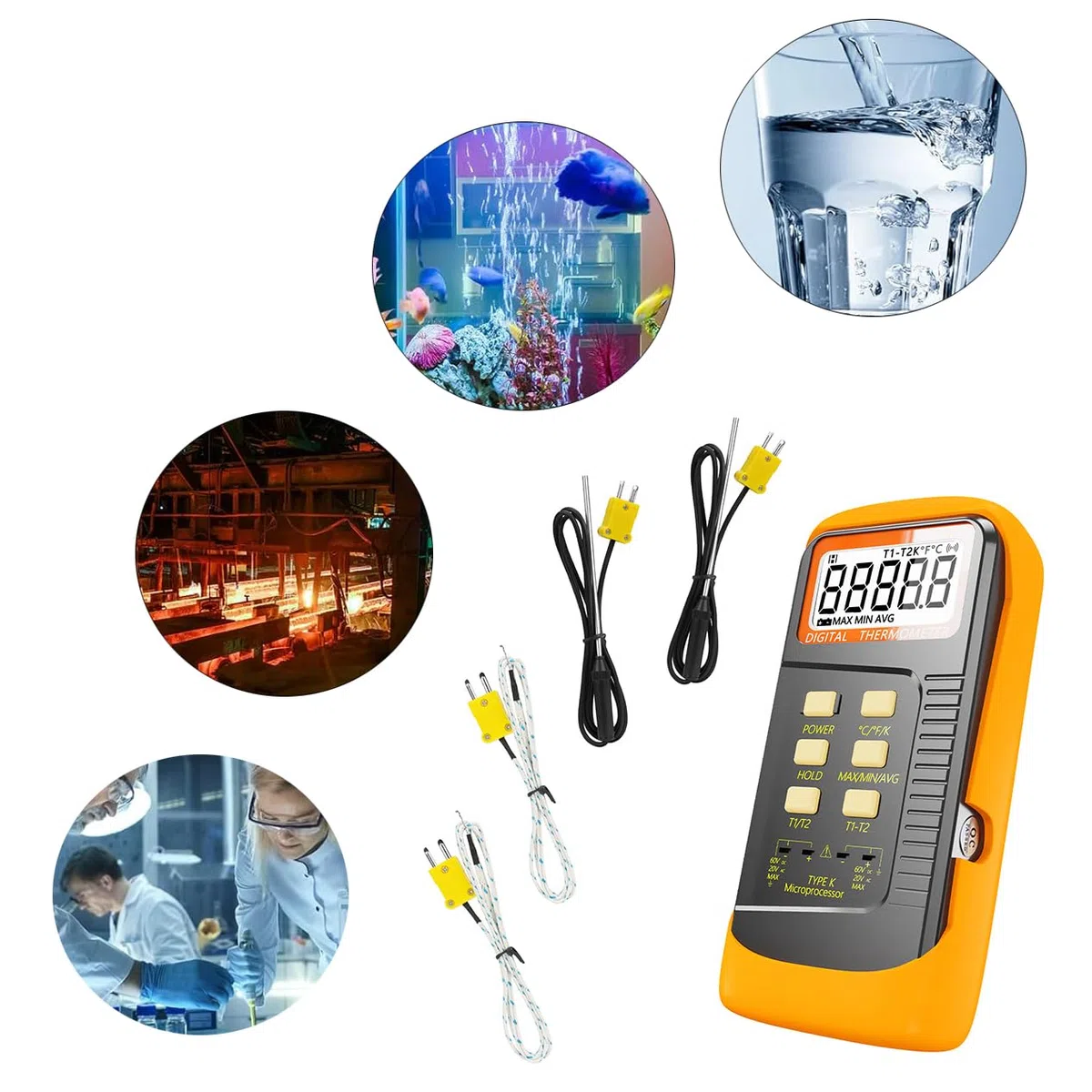 ThreeH Zweikanal-Digitalthermometer Handmessgerät für hohe Temperaturen mit Kelvin-Skala und 4 Fühlern für -50~1300°C (-58~2372°F)