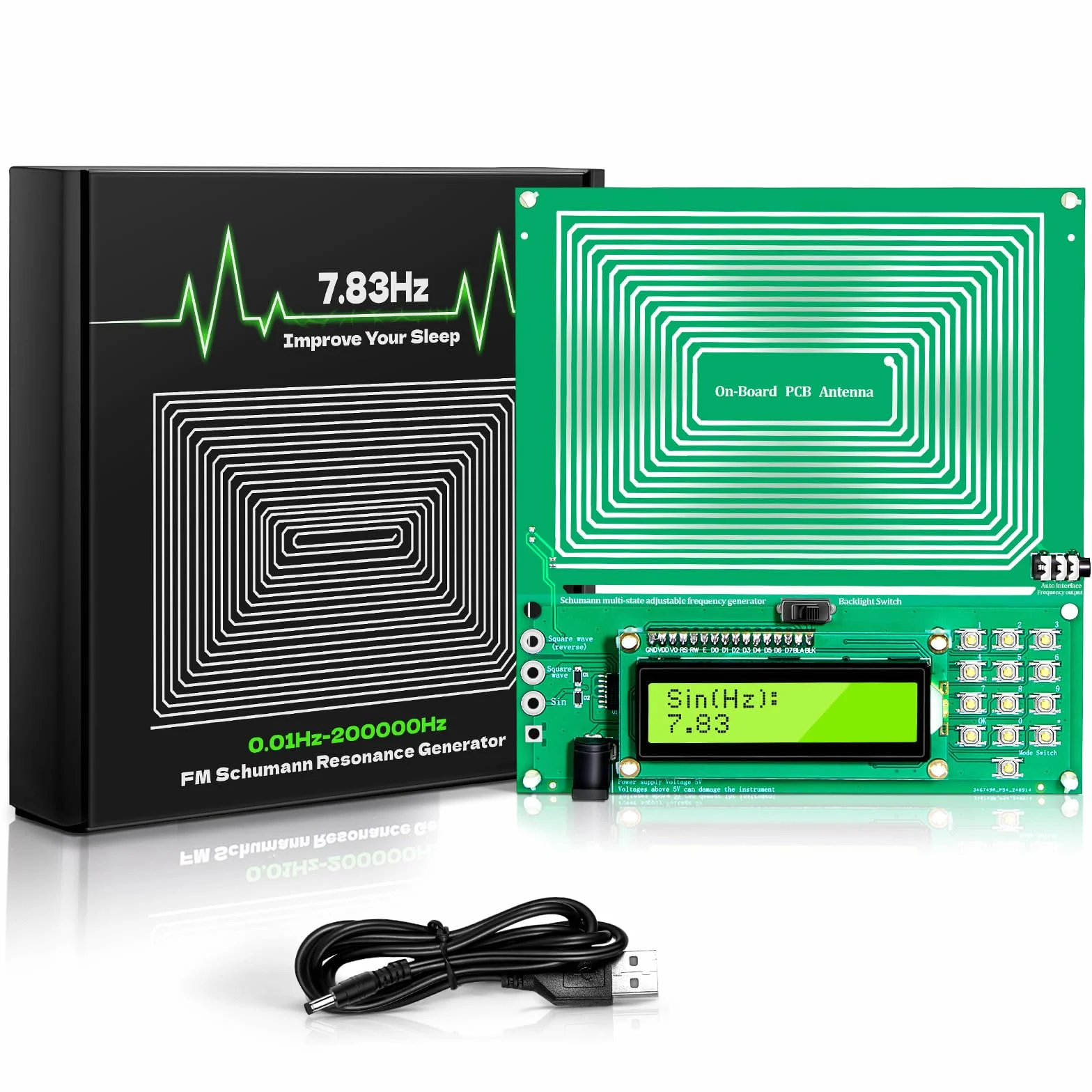 Schumann Frequenz Generator Gerät - 7,83 Hz Einstellbar (0,1 Hz bis 200 kHz) mit Display & USB - Tragbarer Resonanz, Besseren Schlaf, Entspannung zu Hause und im Büro Frequenzzähler & Impulsgeber