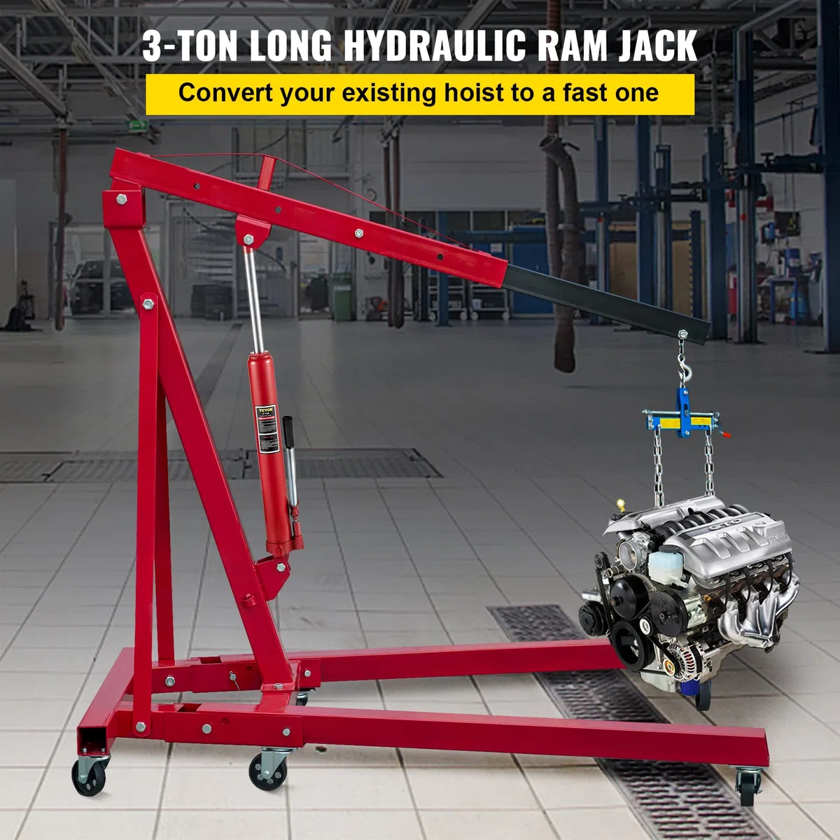 VEVOR Hydraulischer langer Rammenheber, 3 t Kapazität, mit Einzelkolbenpumpe & Gabelkopfsockel, manueller Hubarbeitsbühnenheber mit Griff, für Garagen-/Ladenkräne, Motorhebebühne, rot