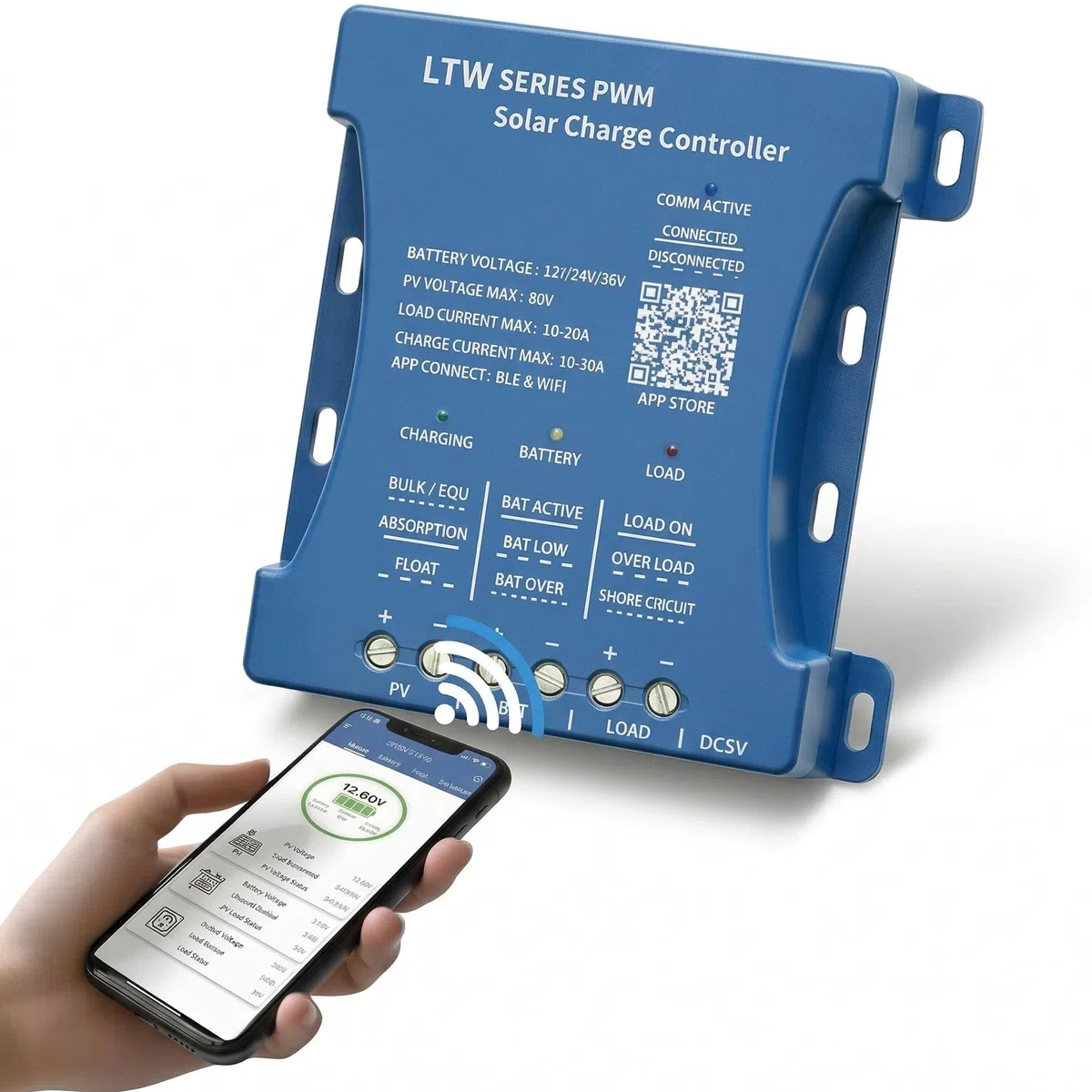 20A Regolatore solare con WiFi e Bluetooth, PWM 12V/24V/36V Auto, ingresso PV 80V, impostazioni APP per batterie PbAcido/LiFePO4/Litio, ideale per camper/casa/strutture offshore