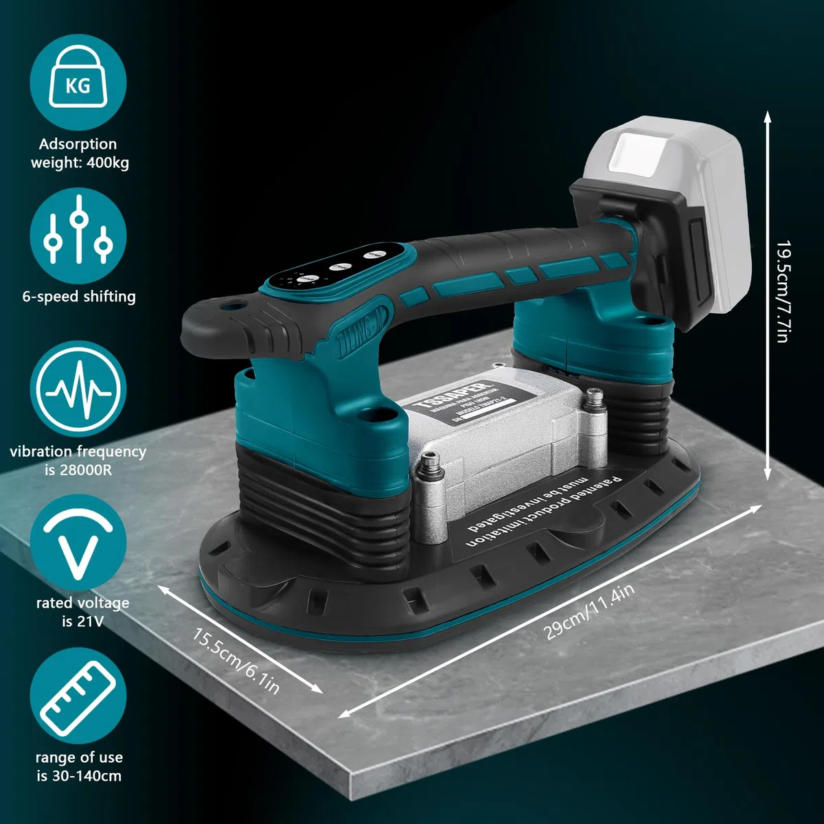 2 IN 1 Akku Fliesenrüttler & Saugnäpfen Kompatibel mit Makita 18V-Batterie, 6 Gang Einstellbaren, 400kg Adsorption Fliesen Vibrationsgerät Fliesenvibrator für 2,4m Fliesen Wandfliesen (Ohne Akku)