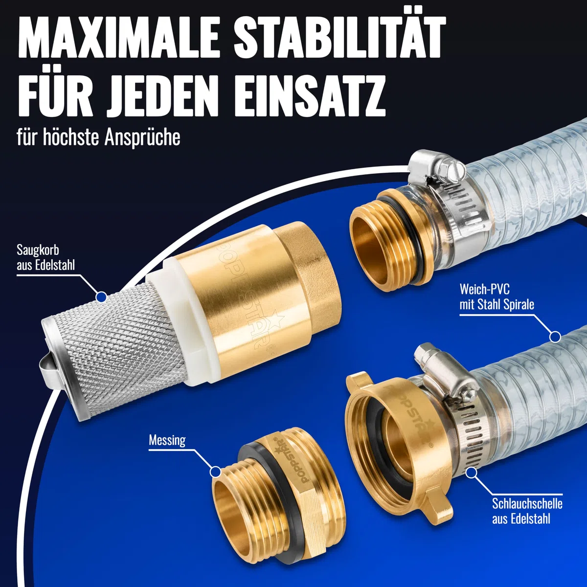 Poppstar Saugschlauch 1 Zoll 4m (ID 25mm, AD 33mm, 4mm Wandstärke), Edelstahlsaugkorb mit Rückschlagventil, Überwurfmutter ID 1 1/4" (41,9mm), Reduzierstück AD 1" (33,3mm)