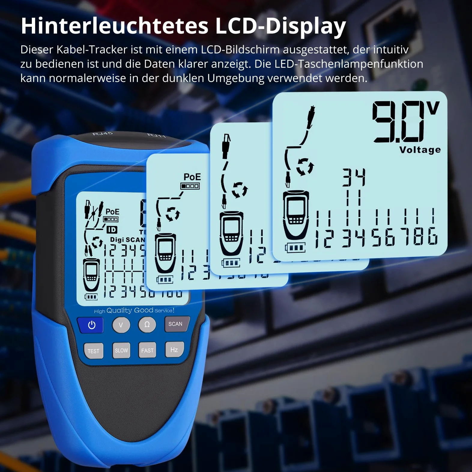 Netzwerk Kabeltester POE/RJ45 Tester, Multifunktions Netzwerktester mit LCD Display, Kabel CAT5/CAT5e/CAT6/Cat7/Cat8 Tracker, Leitungsfinder für Kurzschluss, Quer- & Unterbrechungsprüfung
