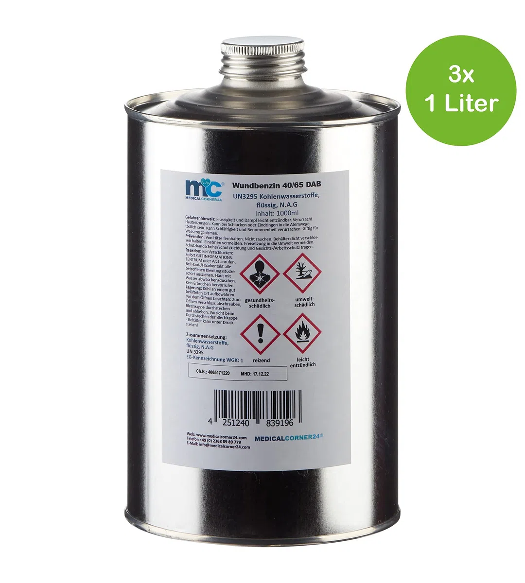 Medicalcorner24 Wundbenzin 40/65 Lösungsmittel Reinigungsmittel Leichtbenzin 3 x 1 Liter