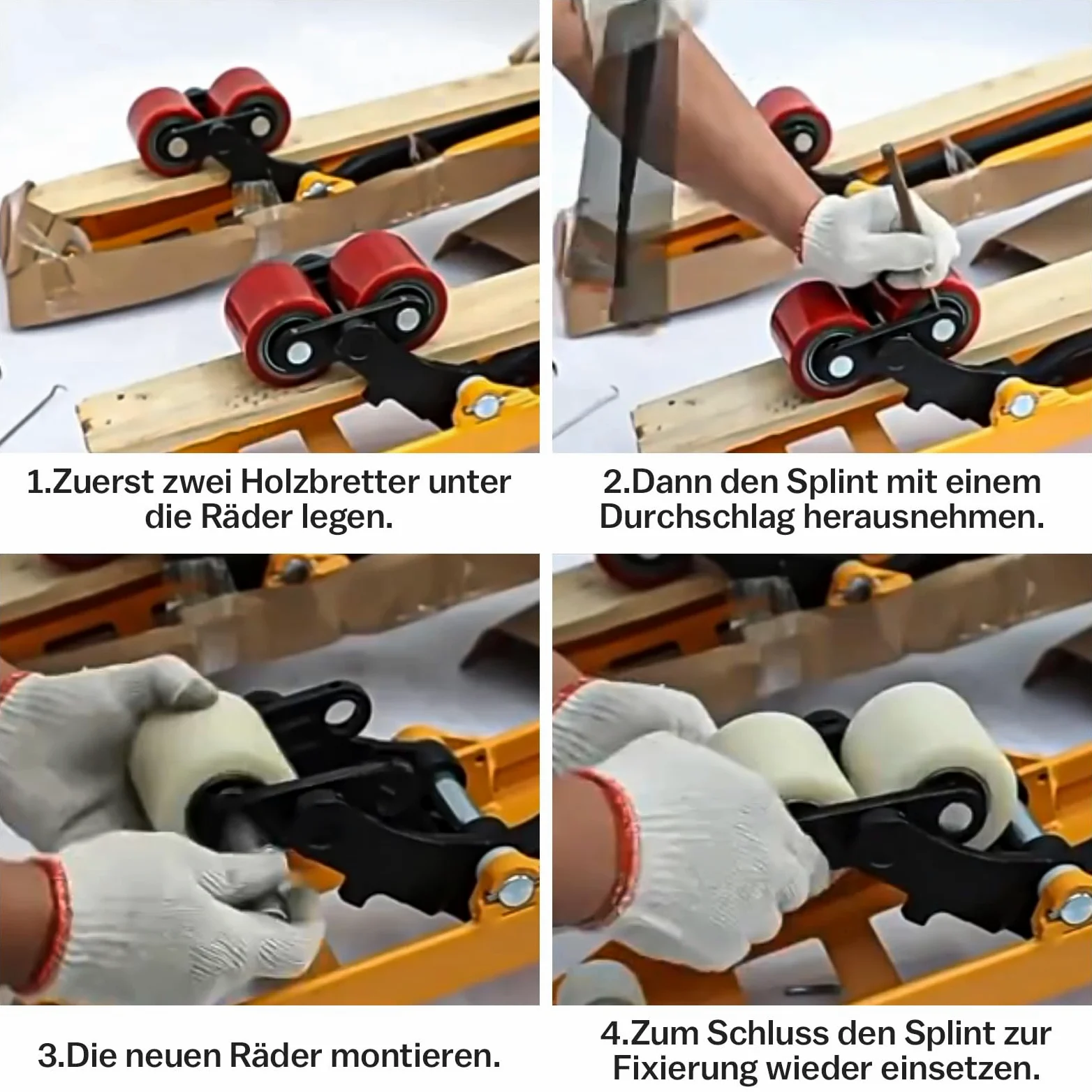 4 Stück Hubwagenrollen Polyurethan 80 x 60 mm, Achse 20 mm inkl. Kugellager | Rollen für Hubwagen Ersatzrollen, Max. Belastung 2200 KG