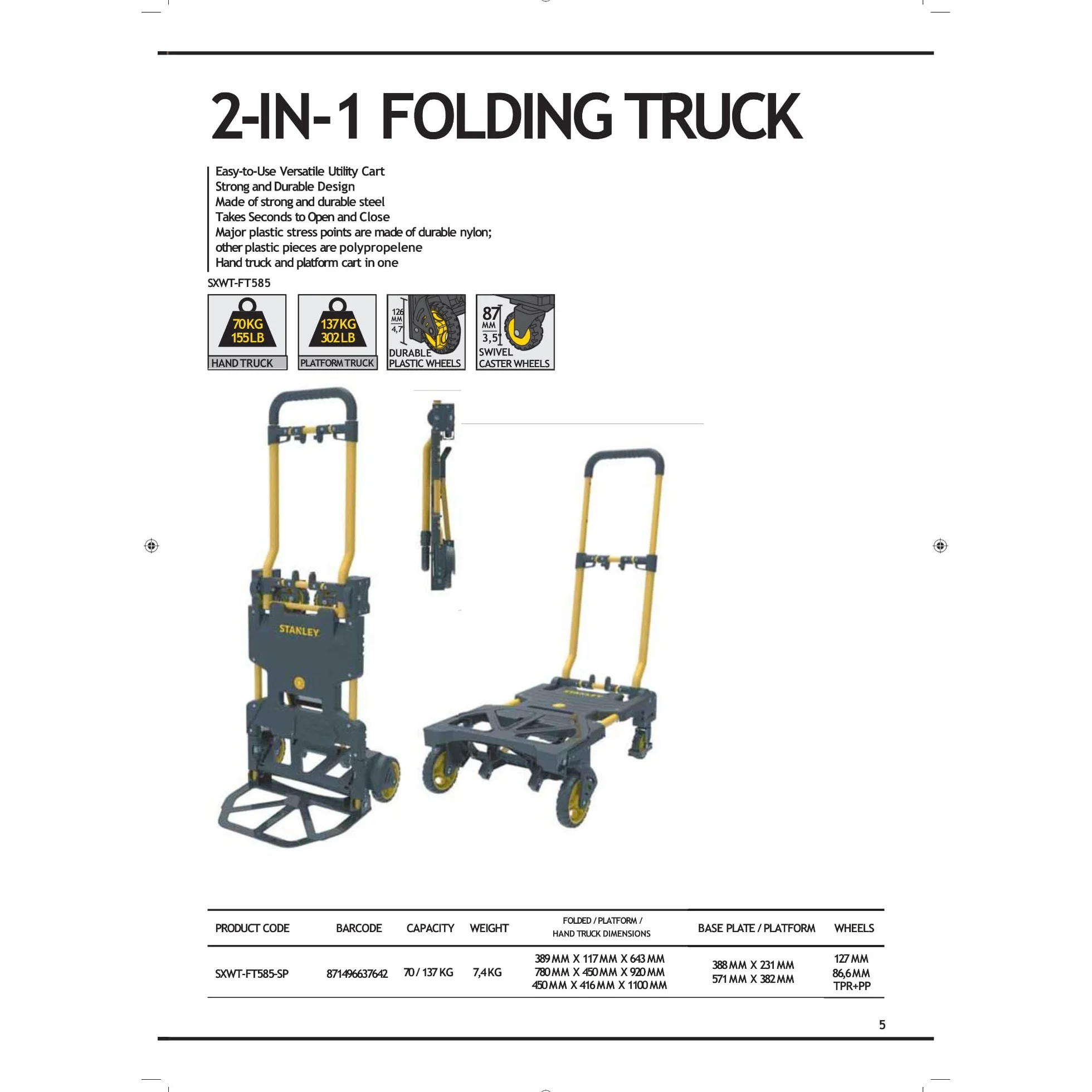 Stanley SXWTD-FT585 2-in-1 Sackkarre und Plattformwagen aus Kunststoff/Stahl - Klappbarer Handwagen mit Robusten Rädern - Transportkarre max. 70KG - Transportwagen max. 137KG