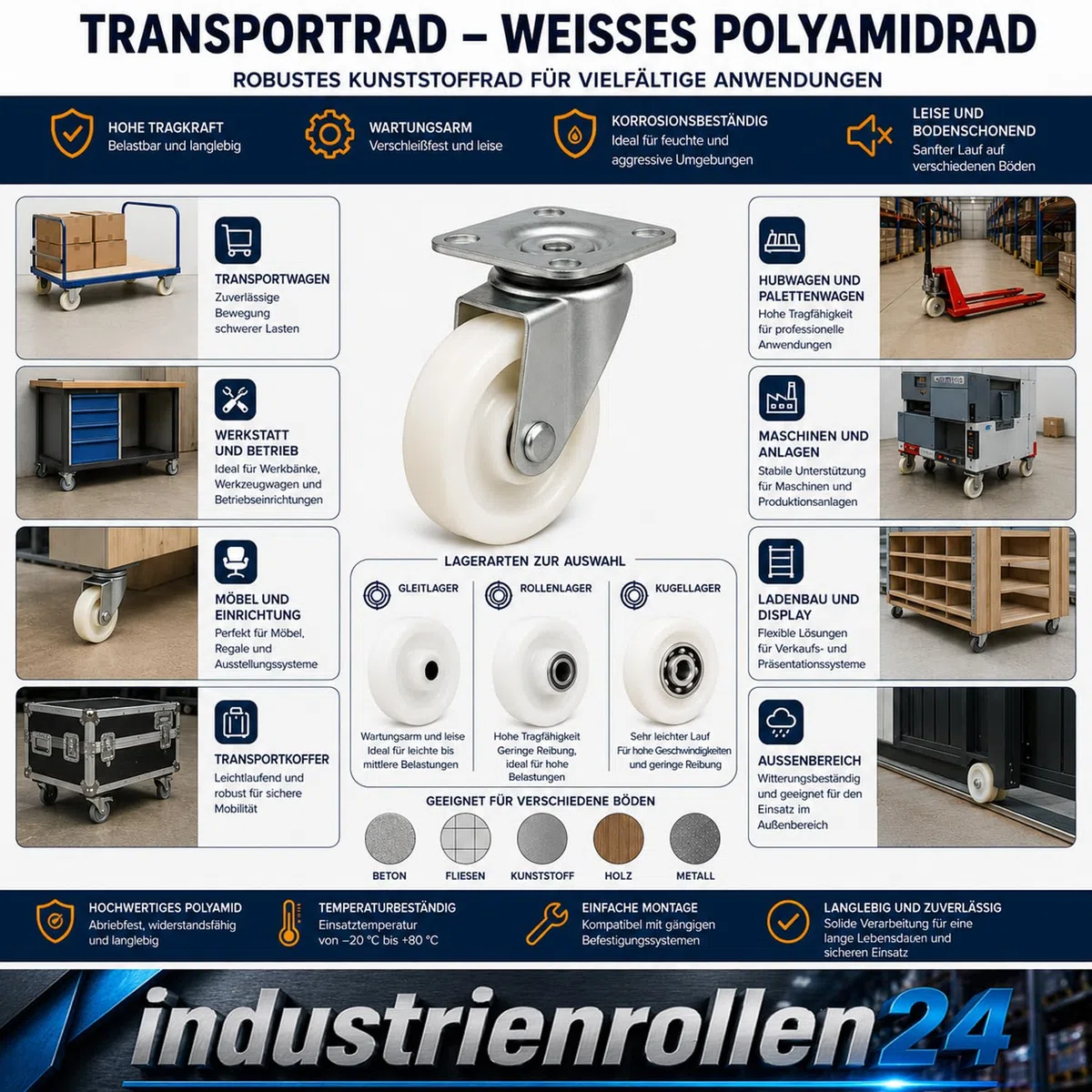 Transportrad 250 mm – Weißes Polyamidrad für Wagen, Maschinen, Möbel – Robustes Kunststoffrad (Modell 90B)