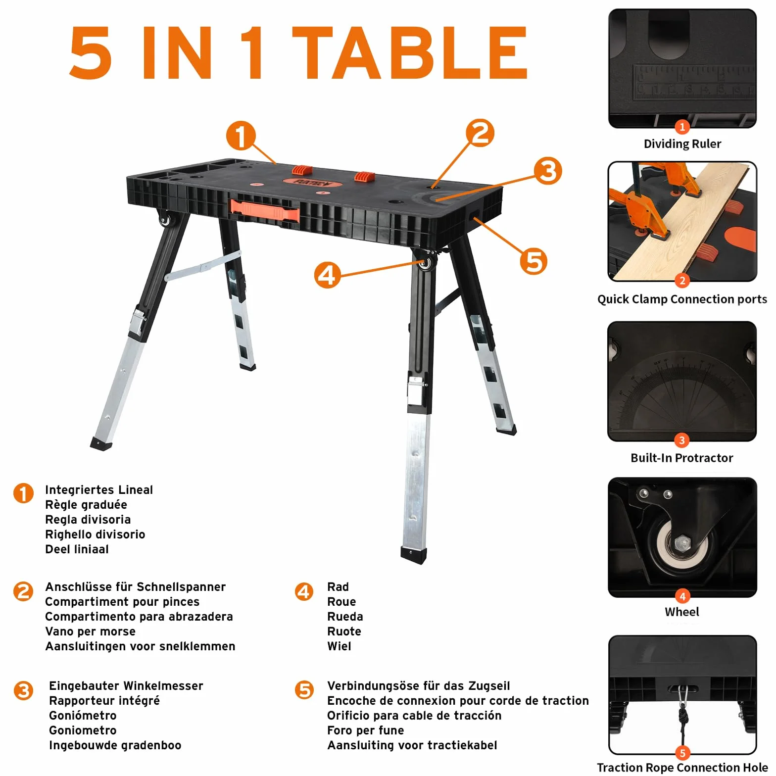 FUXTEC klappbare 5in1 Universal-Werkbank FX-WB – Werkbank/Arbeitstisch bis 150kg – höhenverstellbar bis 129x59x75cm – Transportroller mit Schubfächern – Werkstattbrett/Rollbrett