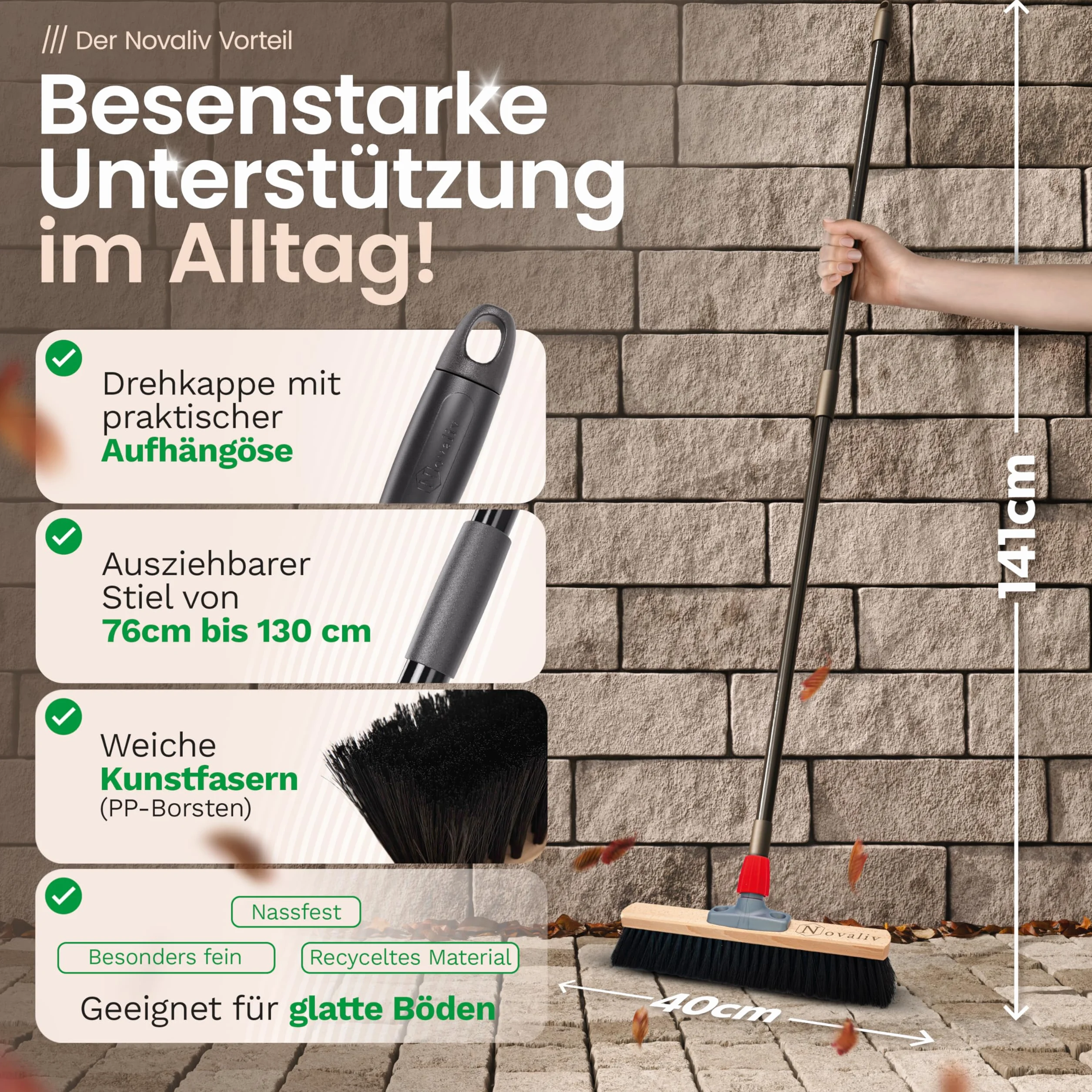 Novaliv 2X Rosshaarbesen mit Stiel 40 cm I Teleskopstiel ausziehbar I Rosshaar schwarz I Saalbesen breit Kehrbesen Haushaltsbesen Werkstattbesen Besen Balkon