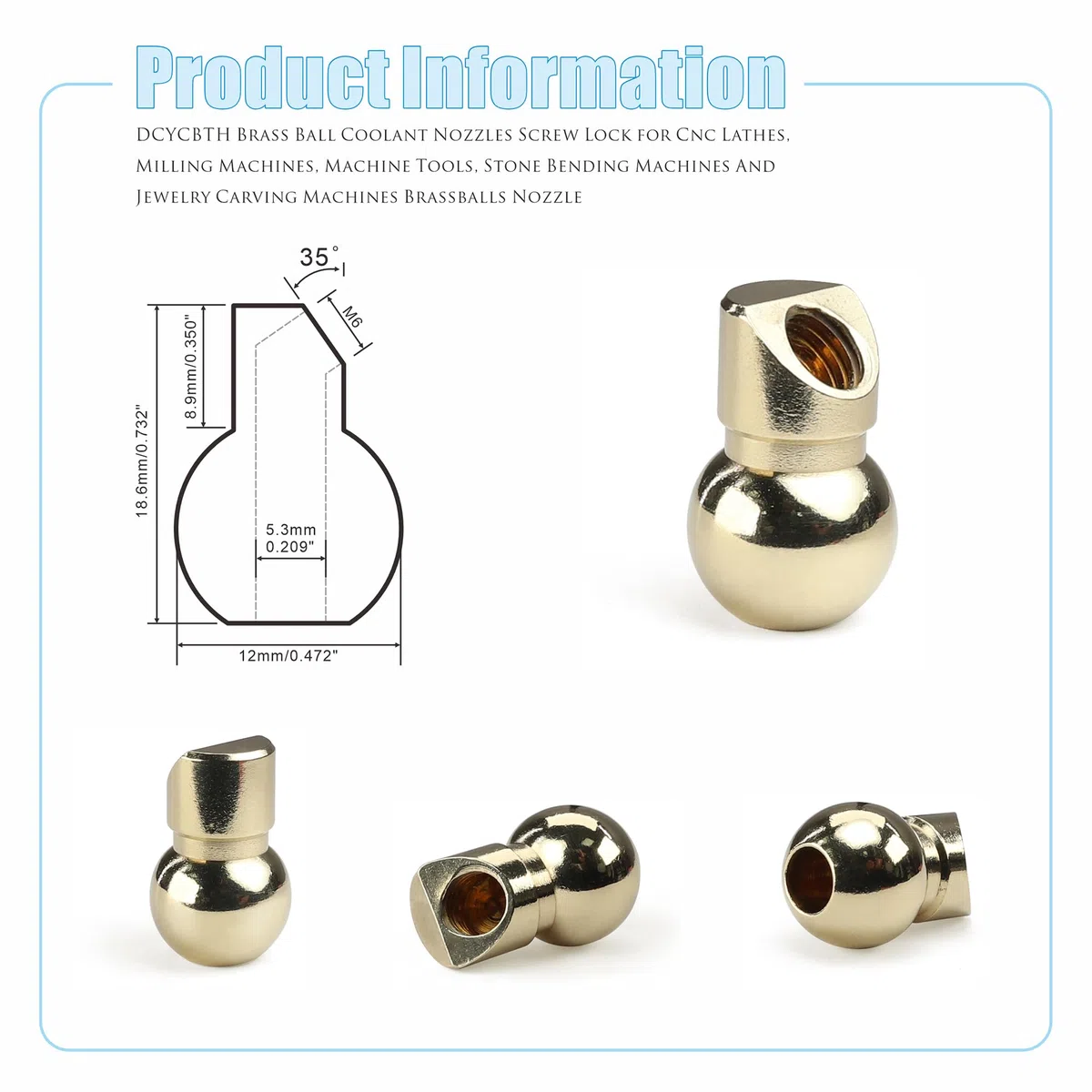10 Stück M6 12 mm Messing-Kugel-Kühlmitteldüsen Schraubverschluss für CNC-Drehmaschinen, Fräsmaschinen, Werkzeugmaschinen, Steinbiegemaschinen und Schmuckschnitzmaschinen